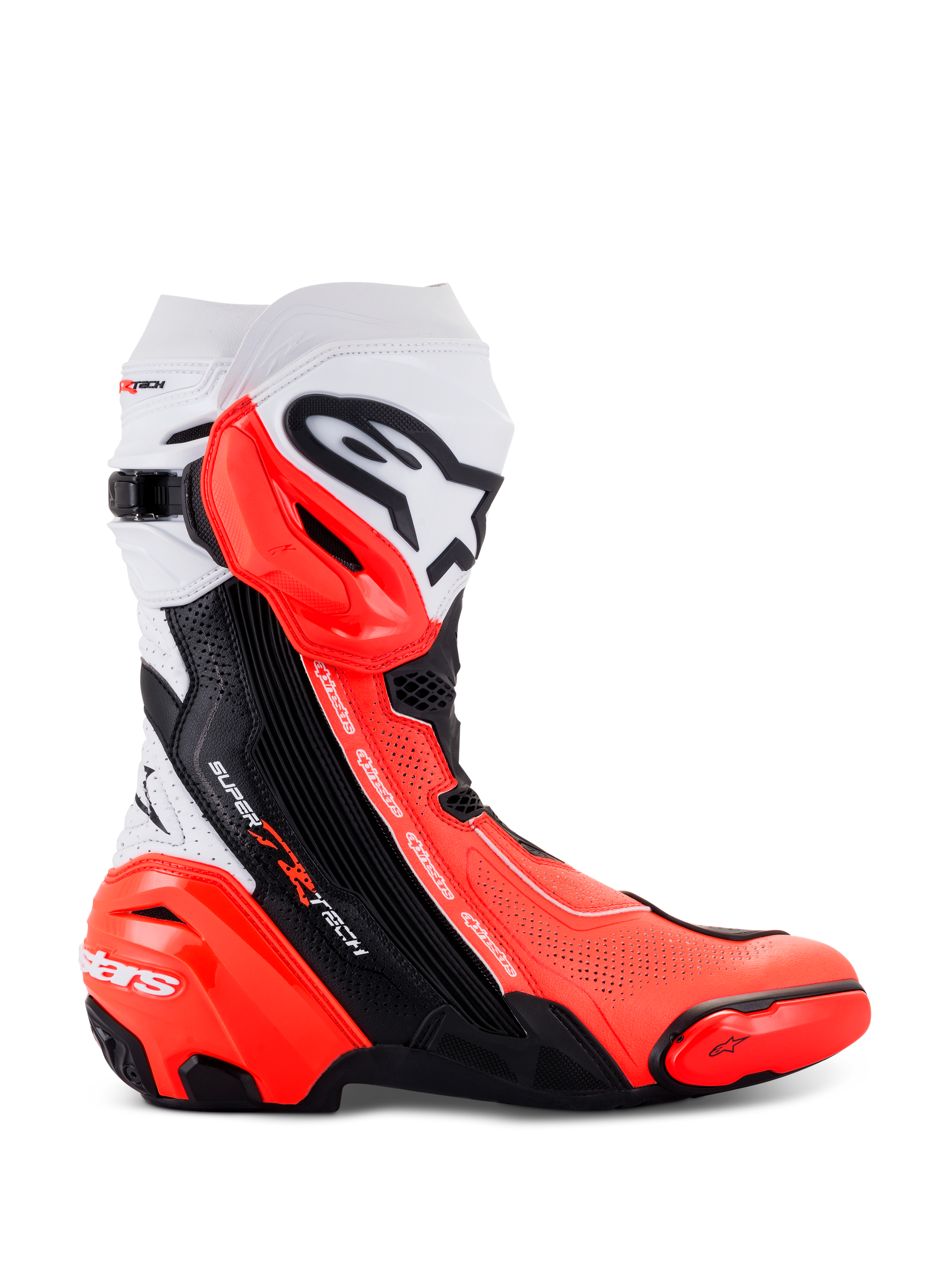 Alpinestars Supertech R Vented Boots, Professional Racing Motorcycle Boots, Black White and Red Fluo, side profile showing ventilated design, TPU shin guard, and replaceable toe slider
