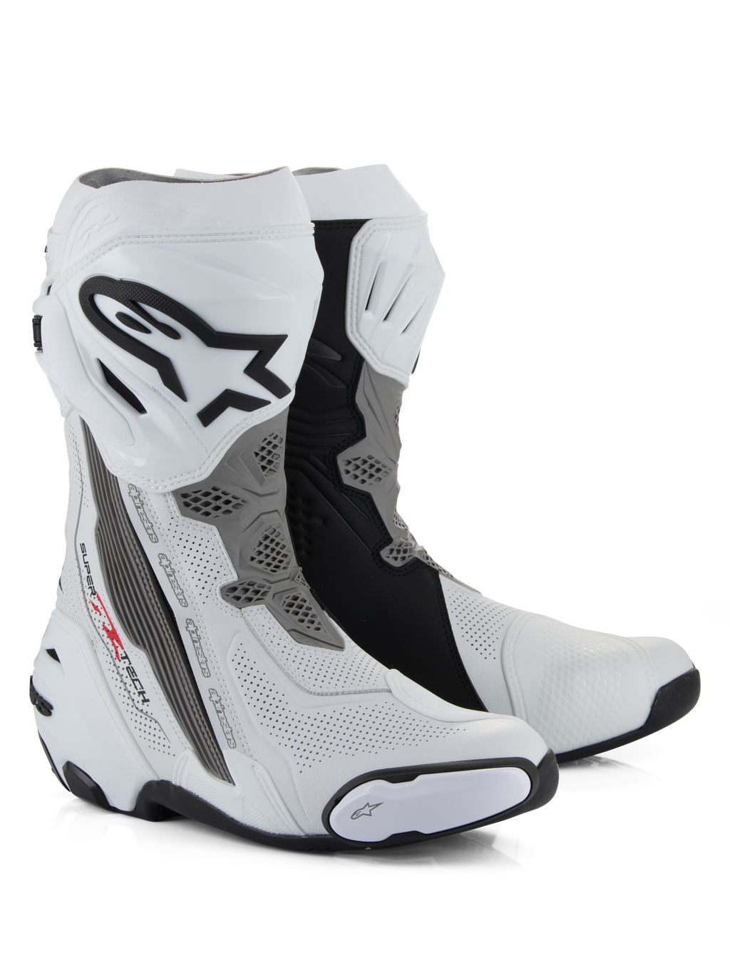 Alpinestars Supertech R Vented laarzen, race-motorlaarzen, wit, midden-grijs en zwart, met geperforeerde microvezelconstructie voor ventilatie, TPU-scheenplaat met Alpinestars-logo en vervangbare sliders, professioneel circuitklaar ontwerp