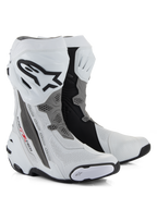 Alpinestars Supertech R Vented laarzen, race-motorlaarzen, wit, midden-grijs en zwart, met geperforeerde microvezelconstructie voor ventilatie, TPU-scheenplaat met Alpinestars-logo en vervangbare sliders, professioneel circuitklaar ontwerp