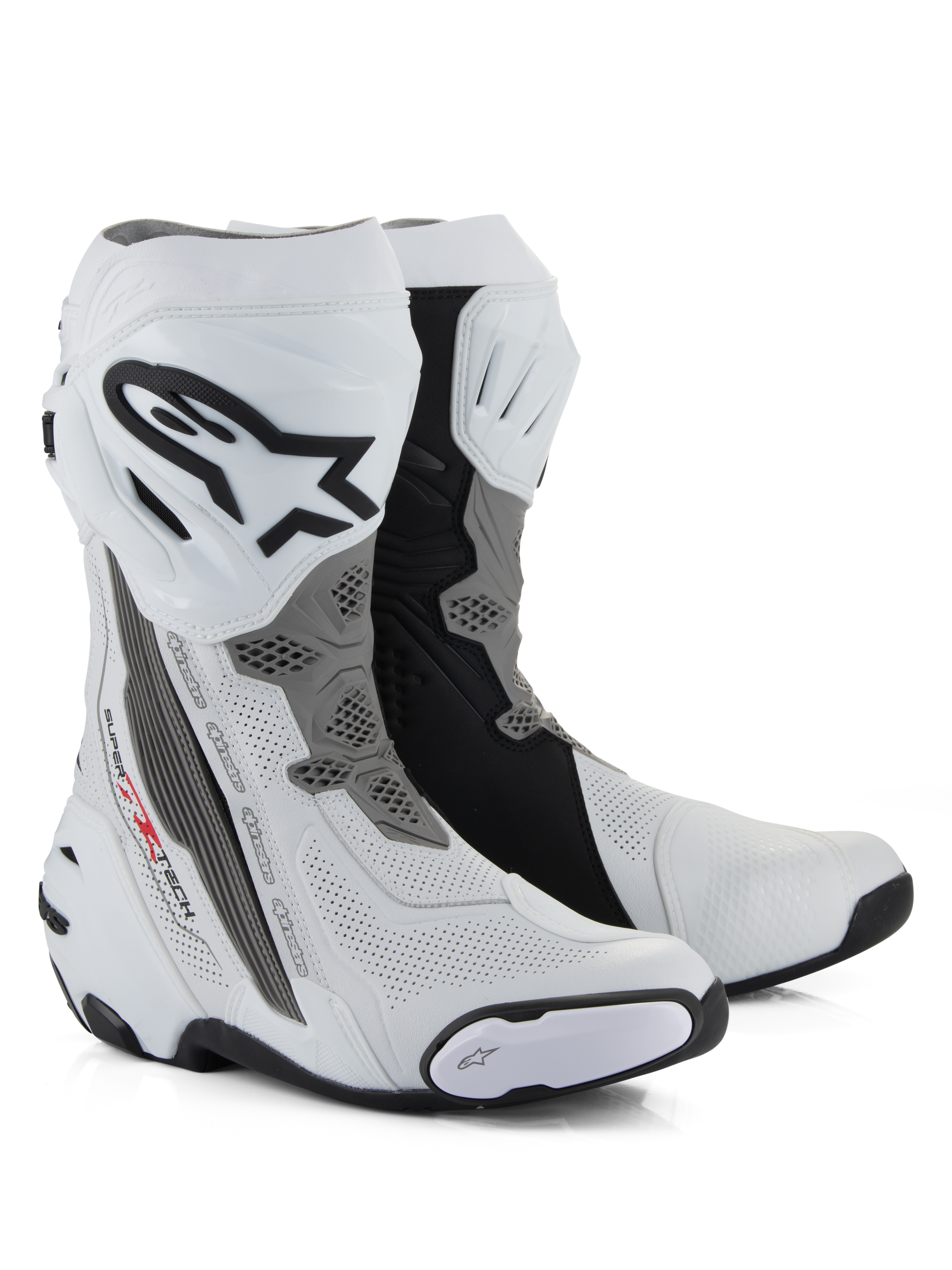 Alpinestars Supertech R Vented laarzen, race-motorlaarzen, wit, midden-grijs en zwart, met geperforeerde microvezelconstructie voor ventilatie, TPU-scheenplaat met Alpinestars-logo en vervangbare sliders, professioneel circuitklaar ontwerp