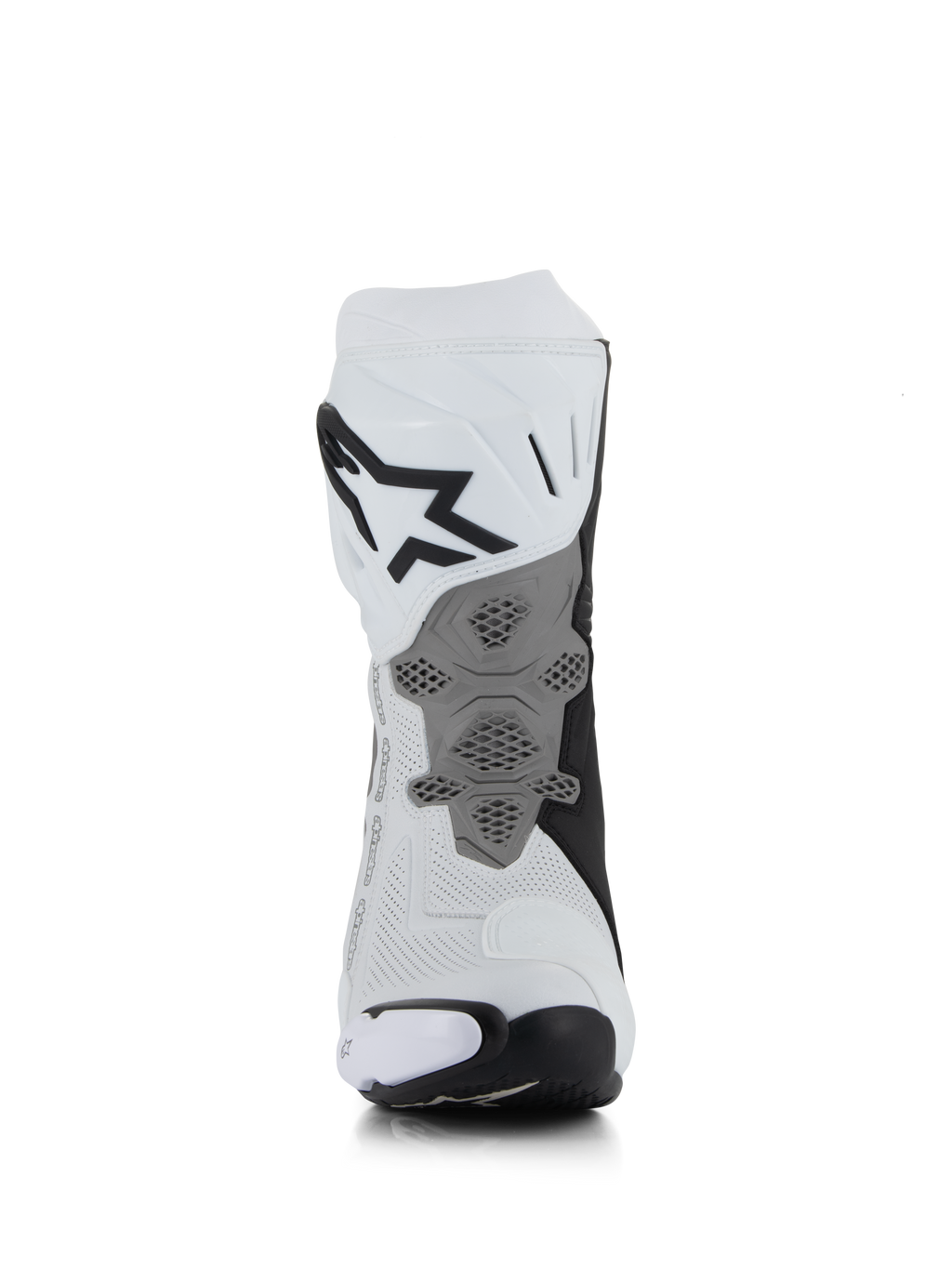 Alpinestars Supertech R Vented Boots, Wit Mid Grijs Zwart, achteraanzicht met geperforeerde microvezelconstructie, herontworpen grijze hielplaat met honingraattextuur, opvallend zwart logo op de bovenkant van de kuit, professionele race- en sportmotorlaarzen
