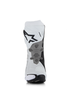 Alpinestars Supertech R Vented Boots, Wit Mid Grijs Zwart, achteraanzicht met geperforeerde microvezelconstructie, herontworpen grijze hielplaat met honingraattextuur, opvallend zwart logo op de bovenkant van de kuit, professionele race- en sportmotorlaarzen