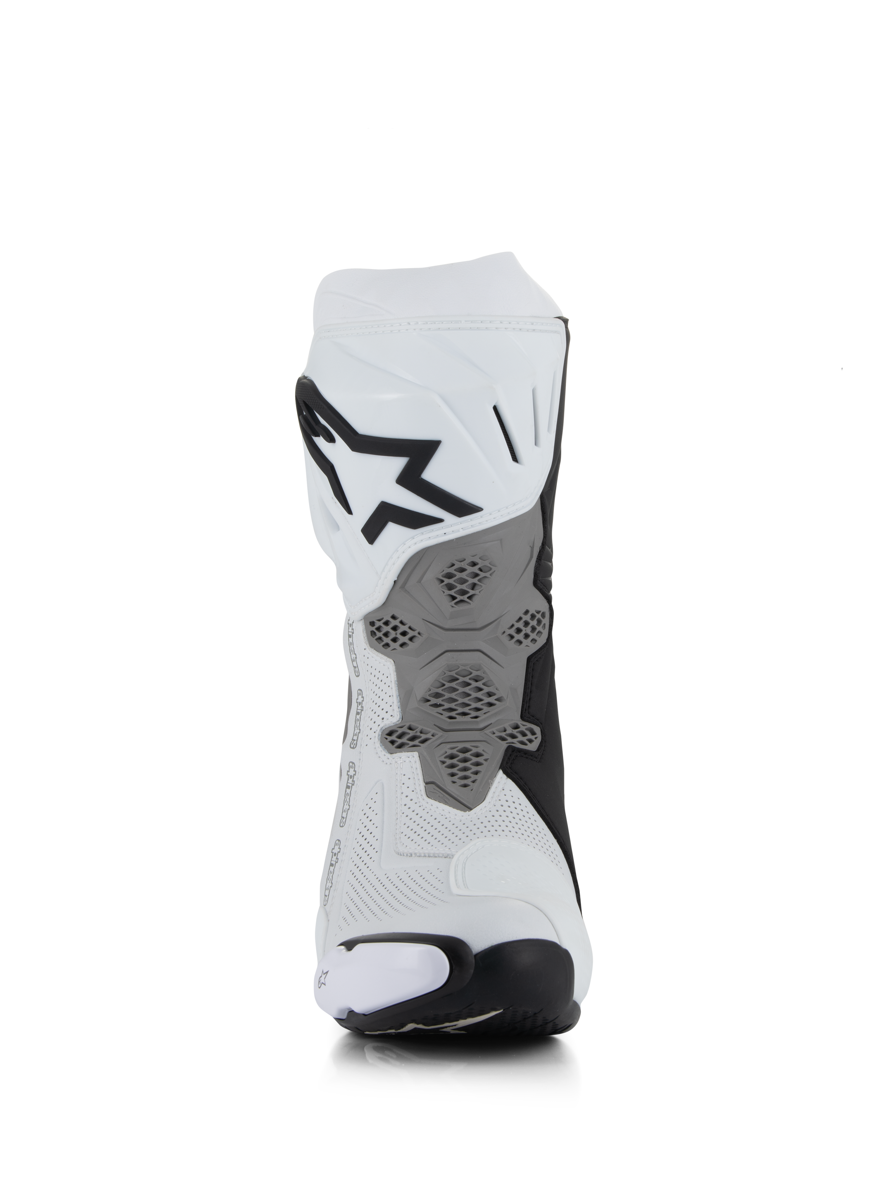 Alpinestars Supertech R Vented Boots, Wit Mid Grijs Zwart, achteraanzicht met geperforeerde microvezelconstructie, herontworpen grijze hielplaat met honingraattextuur, opvallend zwart logo op de bovenkant van de kuit, professionele race- en sportmotorlaarzen