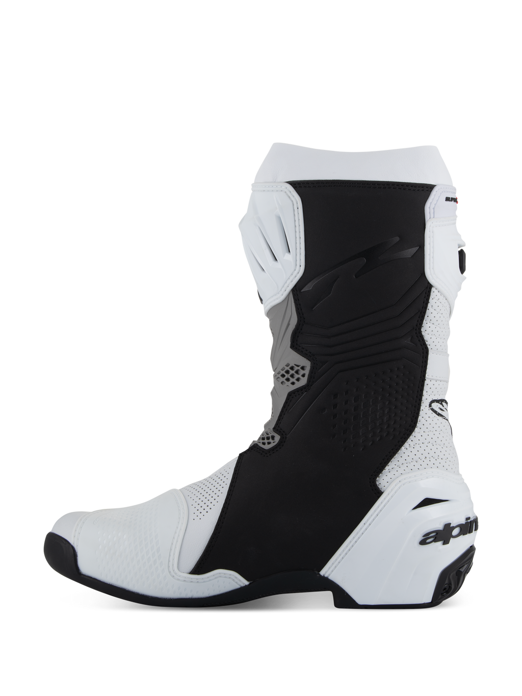 Alpinestars Supertech R Vented laarzen, race/sport motorlaarzen, wit, middelgrijs en zwart, zijaanzicht van de mediale zijde met geperforeerd microvezel voor ventilatie, zwarte beschermende grippanelen en witte TPU-hielkap met logo.