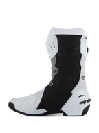 Alpinestars Supertech R Vented laarzen, race/sport motorlaarzen, wit, middelgrijs en zwart, zijaanzicht van de mediale zijde met geperforeerd microvezel voor ventilatie, zwarte beschermende grippanelen en witte TPU-hielkap met logo.