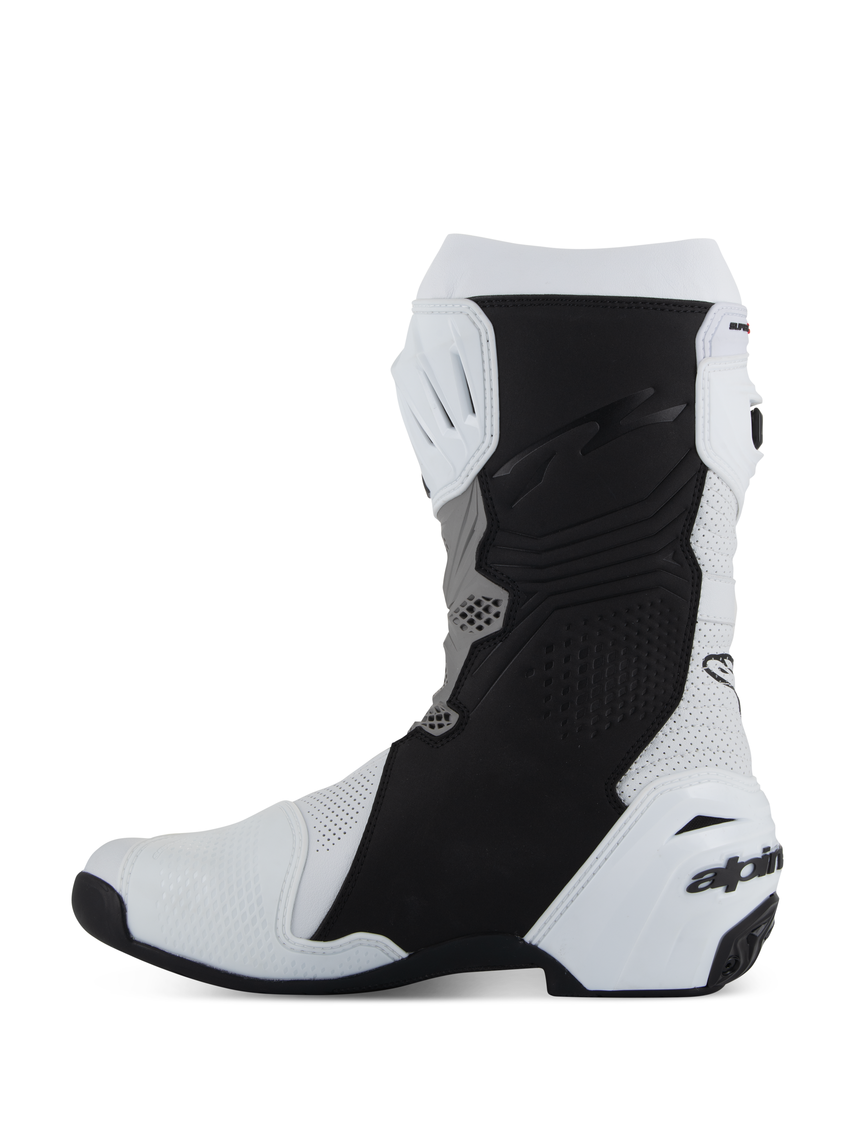 Alpinestars Supertech R Vented laarzen, race/sport motorlaarzen, wit, middelgrijs en zwart, zijaanzicht van de mediale zijde met geperforeerd microvezel voor ventilatie, zwarte beschermende grippanelen en witte TPU-hielkap met logo.