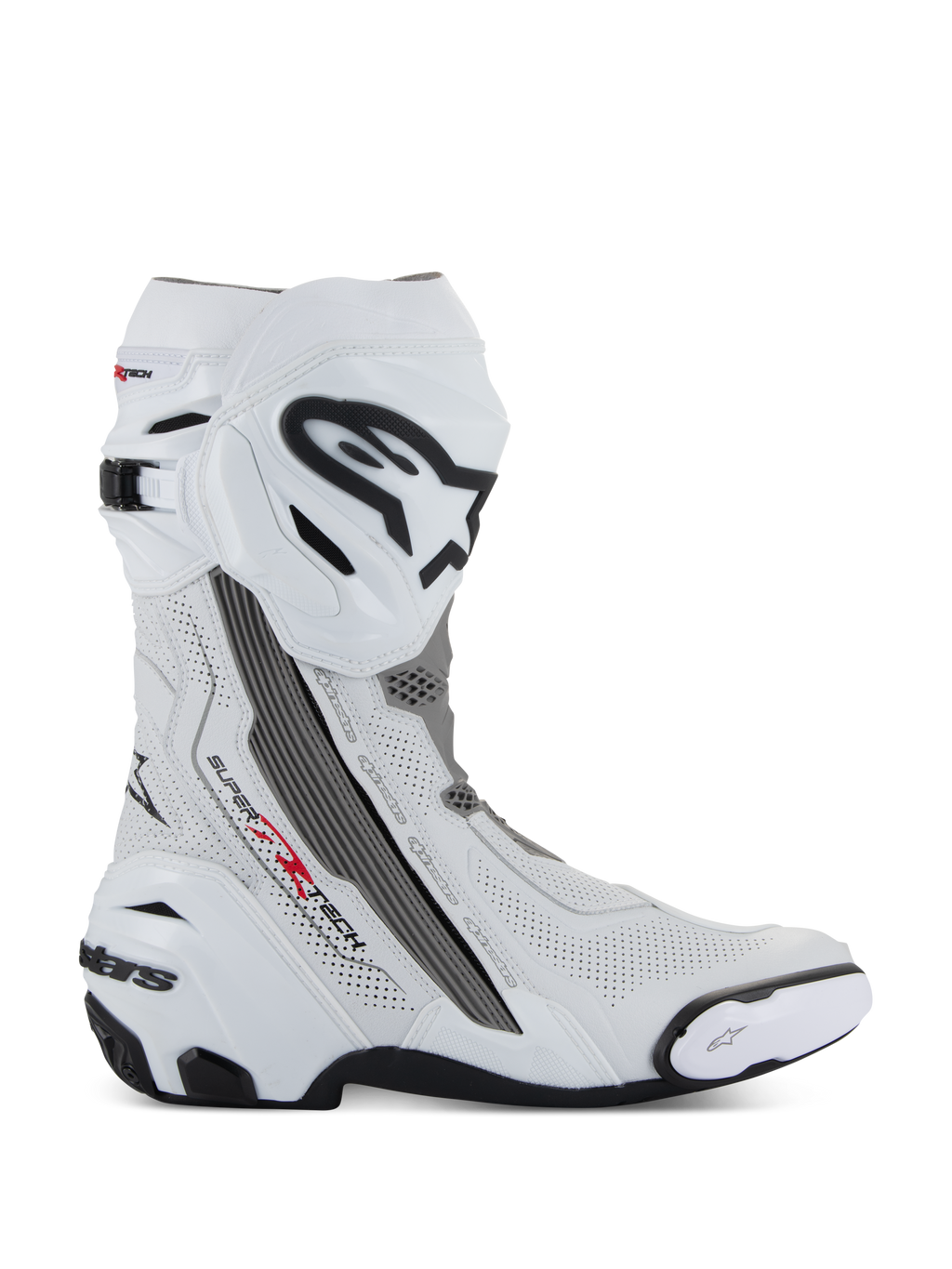 Alpinestars Supertech R Vented motorlaarzen, motorracerlaarzen, wit met middelgrijze en zwarte accenten, zijaanzicht met geperforeerde microvezelpanelen voor luchtstroom, groot zwart-wit Alpinestars-logo op de scheenplaat, aerodynamisch ontwerp met vervangbare sliders en zwarte rubberen zool