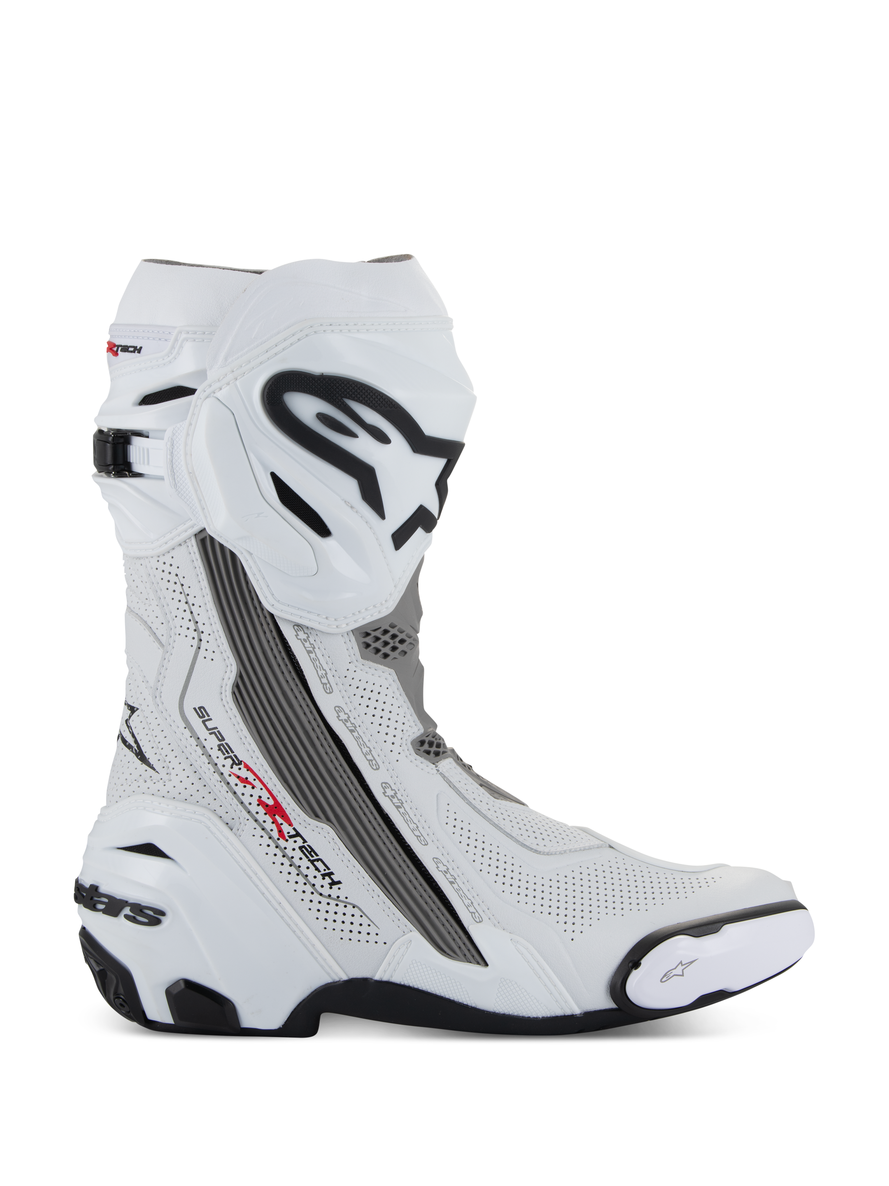Alpinestars Supertech R Vented motorlaarzen, motorracerlaarzen, wit met middelgrijze en zwarte accenten, zijaanzicht met geperforeerde microvezelpanelen voor luchtstroom, groot zwart-wit Alpinestars-logo op de scheenplaat, aerodynamisch ontwerp met vervangbare sliders en zwarte rubberen zool