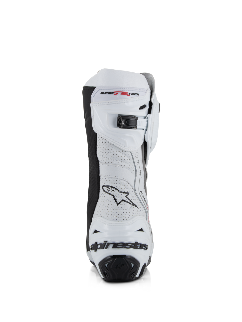 Alpinestars Supertech R Vented laarzen, wit, grijs en zwart, achteraanzicht met geperforeerd microvezel bovenwerk, micro-verstelbare ratelsluiting aan de bovenzijde en geïntegreerde hielbescherming met Alpinestars-logo