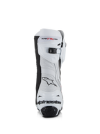 Alpinestars Supertech R Vented laarzen, wit, grijs en zwart, achteraanzicht met geperforeerd microvezel bovenwerk, micro-verstelbare ratelsluiting aan de bovenzijde en geïntegreerde hielbescherming met Alpinestars-logo