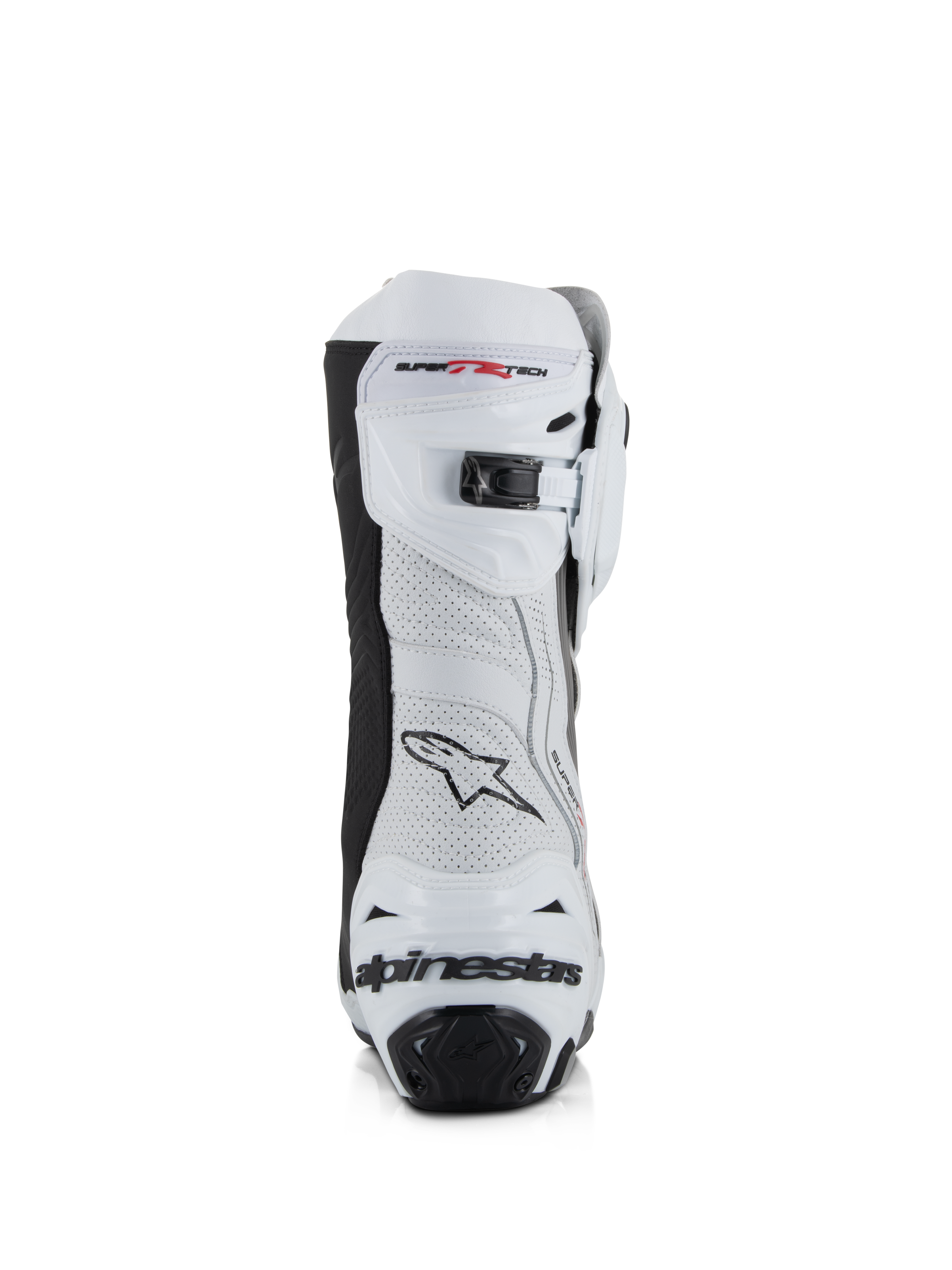 Alpinestars Supertech R Vented laarzen, wit, grijs en zwart, achteraanzicht met geperforeerd microvezel bovenwerk, micro-verstelbare ratelsluiting aan de bovenzijde en geïntegreerde hielbescherming met Alpinestars-logo