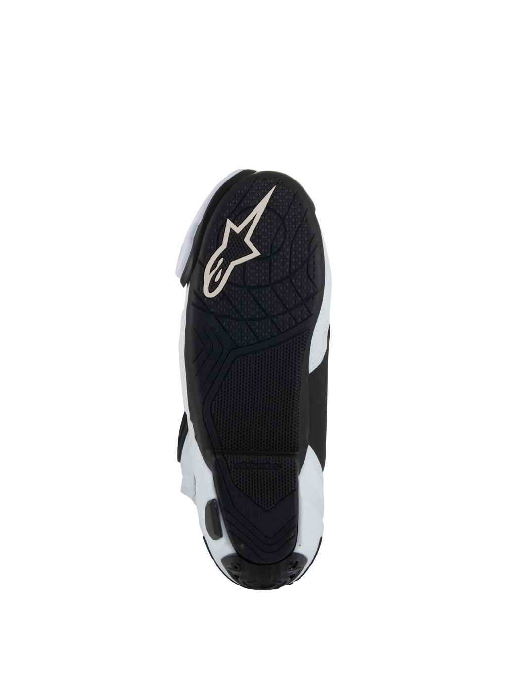 Zool van Alpinestars Supertech R Vented laarzen, zwarte lichtgewicht rubberen buitenzool met getextureerd profiel voor grip op de voetsteunen, wit Alpinestars Astar-logo, wit en zwart kleurenschema