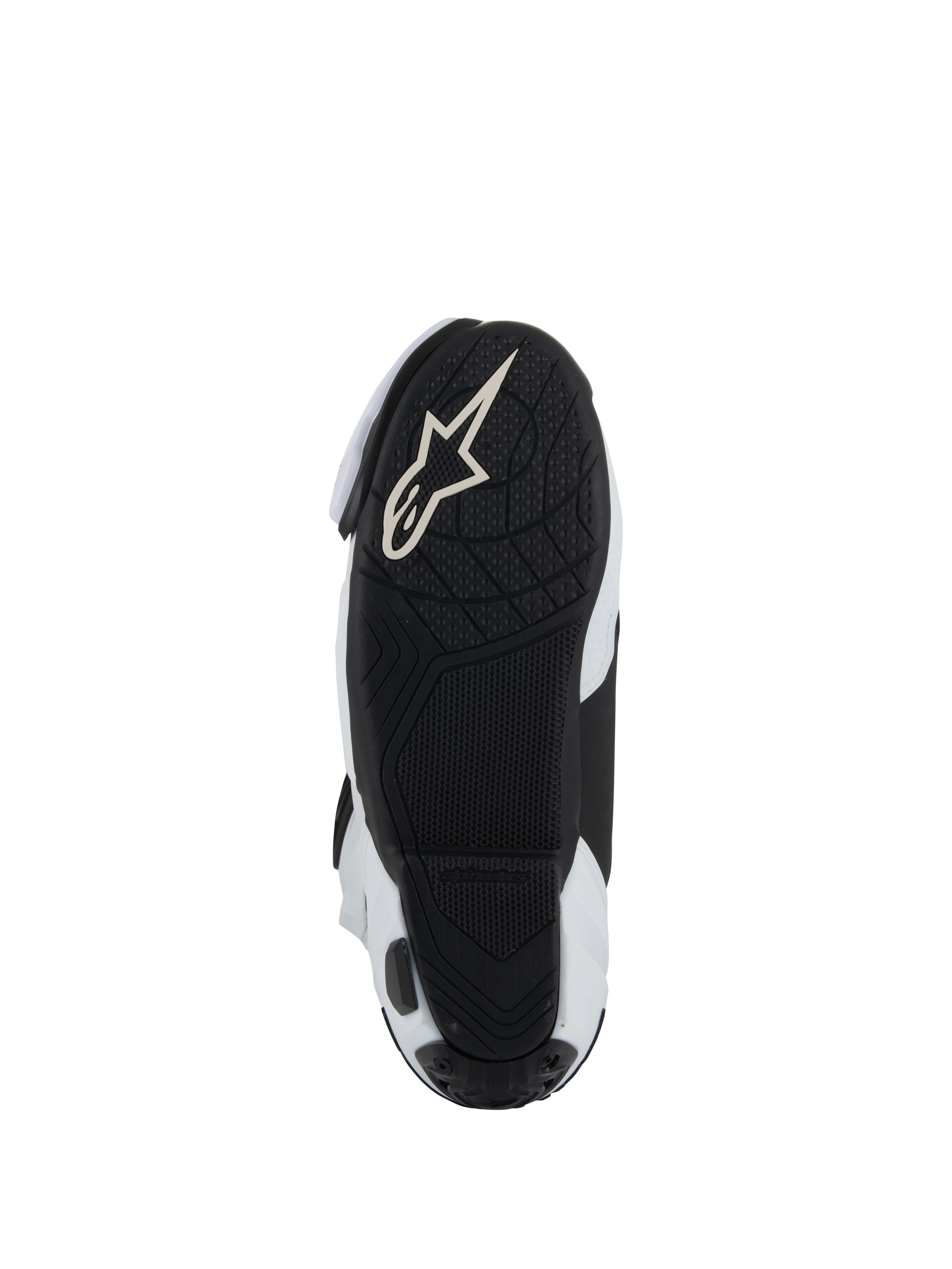 Zool van Alpinestars Supertech R Vented laarzen, zwarte lichtgewicht rubberen buitenzool met getextureerd profiel voor grip op de voetsteunen, wit Alpinestars Astar-logo, wit en zwart kleurenschema