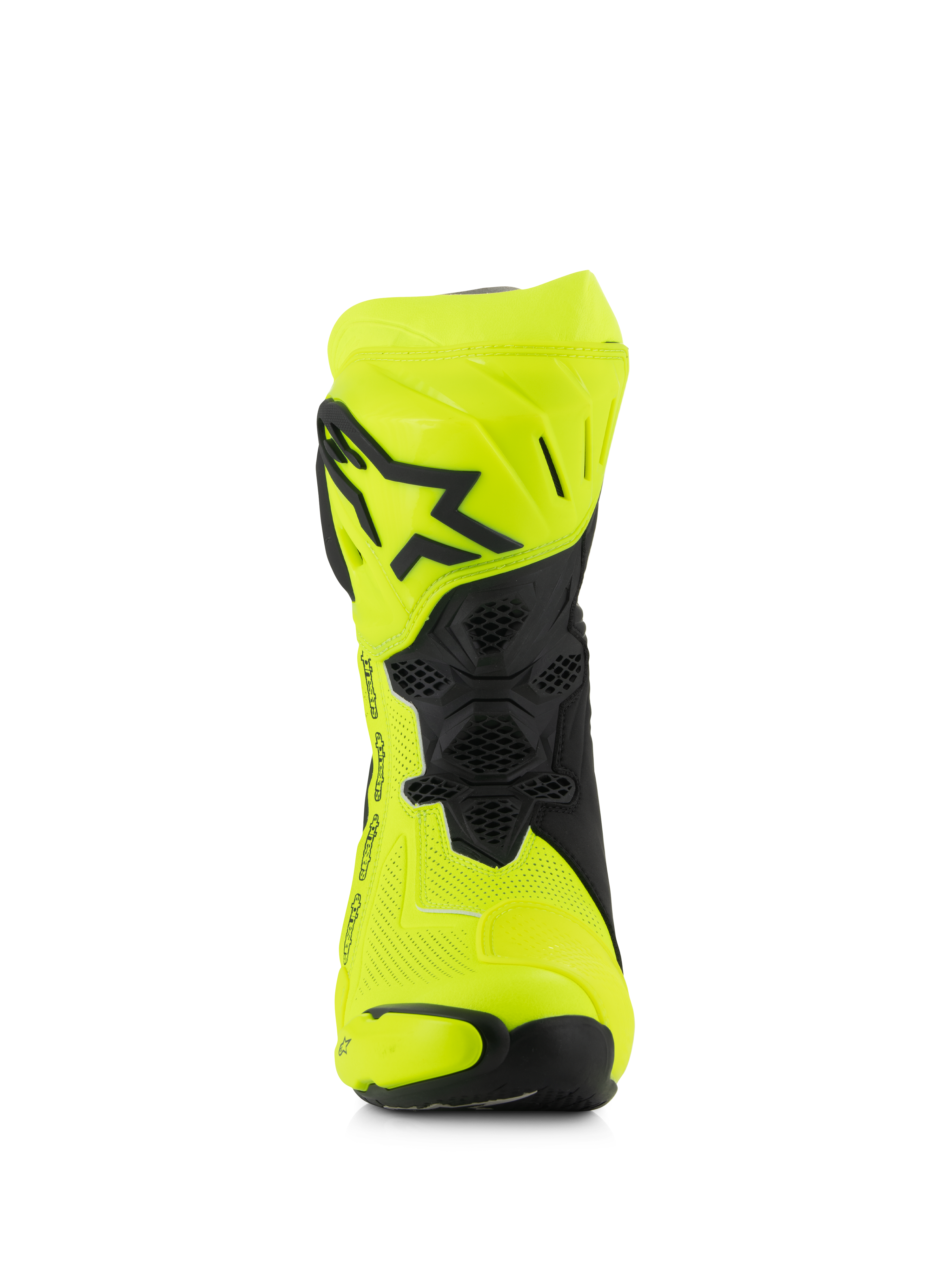 Alpinestars Supertech R Vented Boots, Motorcycle Racing Boots, Yellow Fluo and Black, front view featuring perforated microfiber, TPU shin plate with black star logo, and ventilation mesh for maximum airflow.