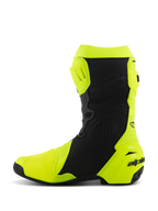 Alpinestars Supertech R Vented Boots, Professional Racing Motorcycle Boots, Yellow Fluo and Black, medial side profile, perforated microfiber construction for high airflow, TPU protective shin and heel plates, sleek aerodynamic design for competitive track riding