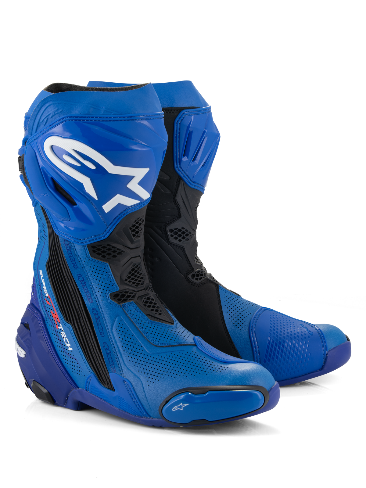 Alpinestars Supertech R Vented laarzen, race-motorlaarzen, blauw en zwart, voorzien van geperforeerd microvezel voor luchtstroom, wit Alpinestars-logo op de scheen, beschermende TPU-platen en sliders, professioneel circuit-klaar ontwerp