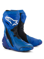 Alpinestars Supertech R Vented laarzen, race-motorlaarzen, blauw en zwart, voorzien van geperforeerd microvezel voor luchtstroom, wit Alpinestars-logo op de scheen, beschermende TPU-platen en sliders, professioneel circuit-klaar ontwerp