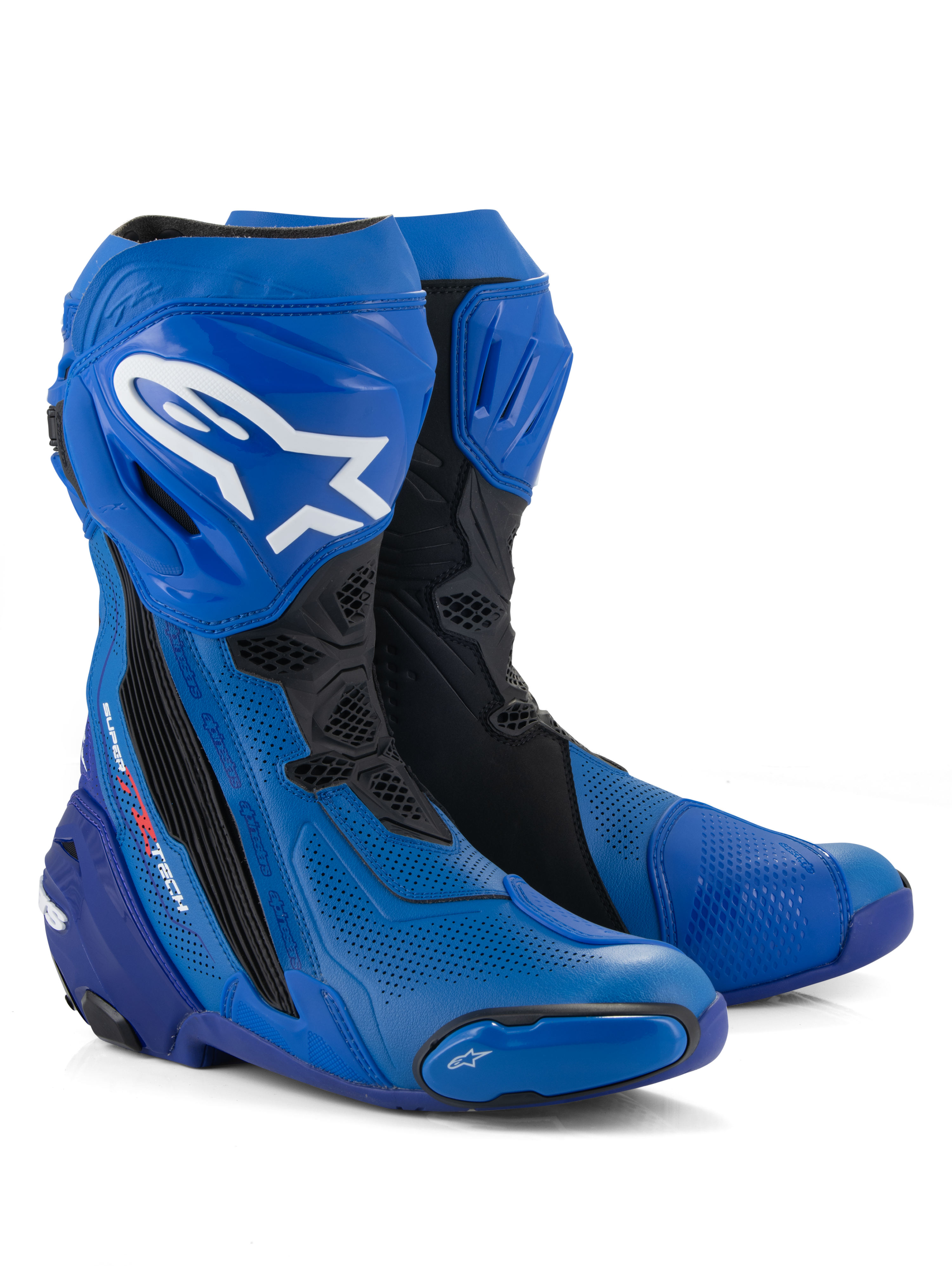 Alpinestars Supertech R Vented laarzen, race-motorlaarzen, blauw en zwart, voorzien van geperforeerd microvezel voor luchtstroom, wit Alpinestars-logo op de scheen, beschermende TPU-platen en sliders, professioneel circuit-klaar ontwerp