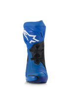 Alpinestars Supertech R Vented Boots, blauwe en zwarte race-motorlaarzen, vooraanzicht, geperforeerd microvezel bovenwerk, wit Astar-logo op de scheenplaat, geventileerde mesh-panelen en beschermende sliders.