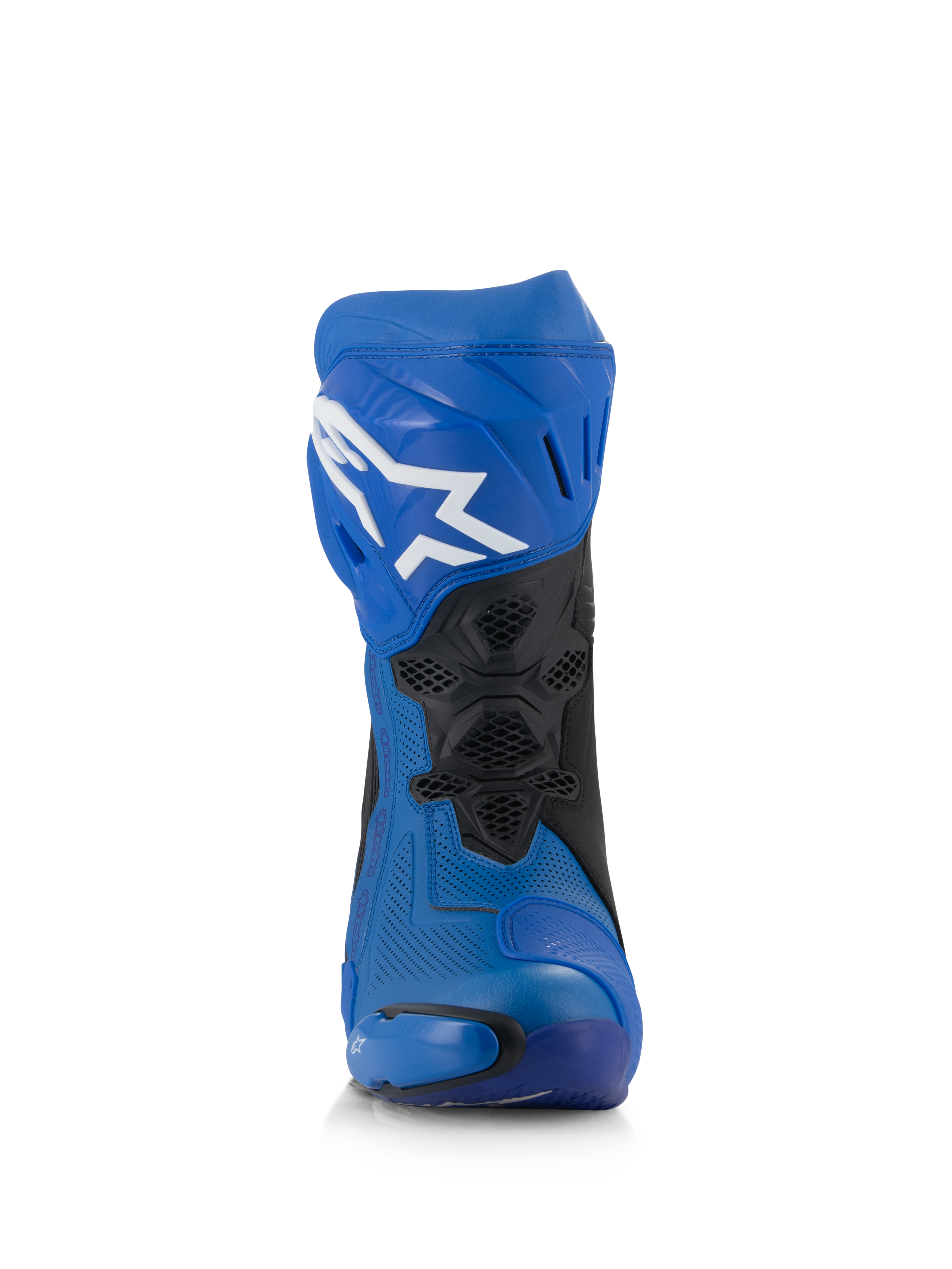Alpinestars Supertech R Vented Boots, blauwe en zwarte race-motorlaarzen, vooraanzicht, geperforeerd microvezel bovenwerk, wit Astar-logo op de scheenplaat, geventileerde mesh-panelen en beschermende sliders.