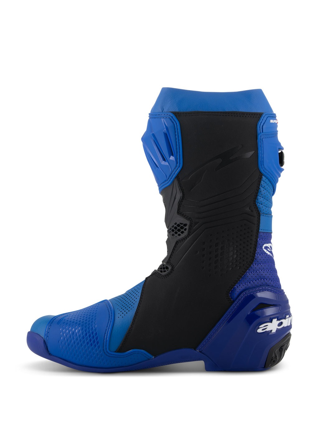 Alpinestars Supertech R Vented laarzen, blauw en zwart, zijaanzicht, hoogwaardige race motorlaarzen met geperforeerd microvezel voor ventilatie, TPU scheenplaat en Alpinestars logo op de hiel.