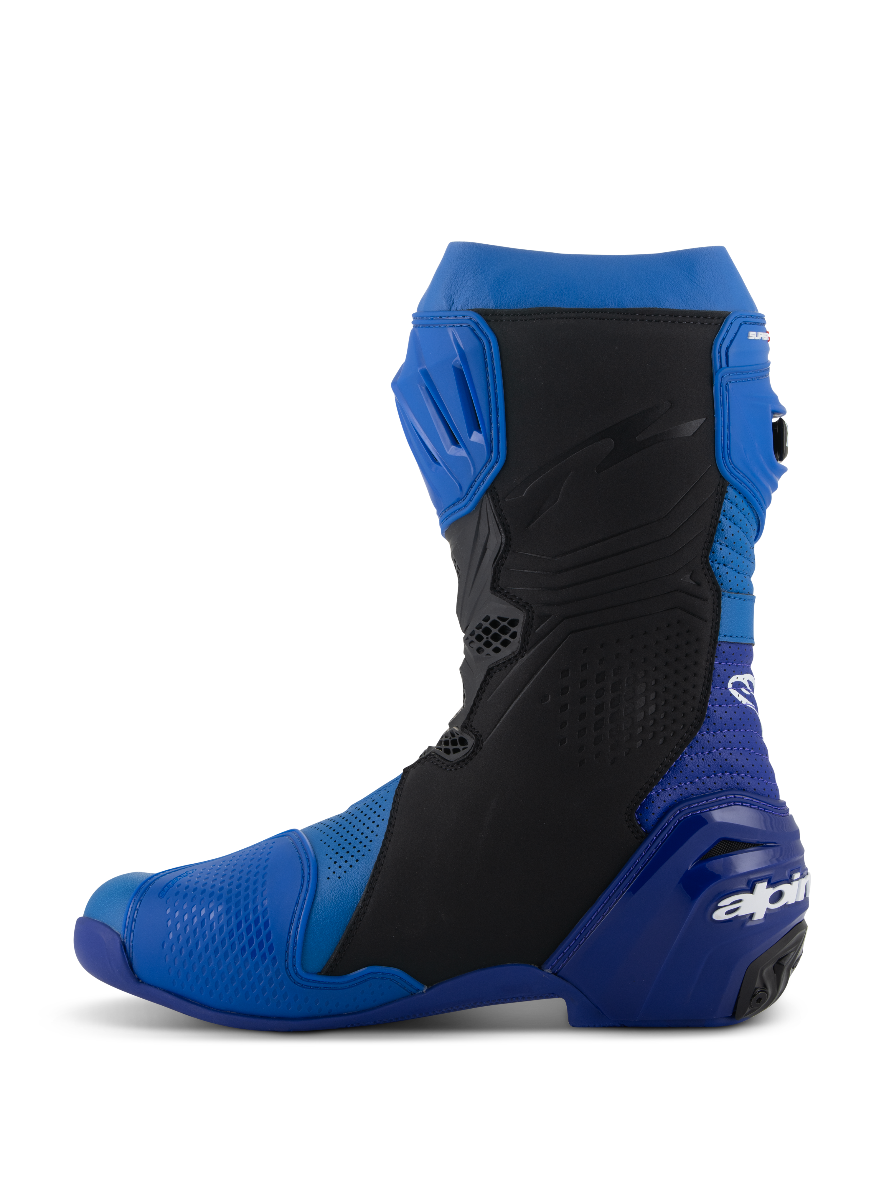 Alpinestars Supertech R Vented laarzen, blauw en zwart, zijaanzicht, hoogwaardige race motorlaarzen met geperforeerd microvezel voor ventilatie, TPU scheenplaat en Alpinestars logo op de hiel.