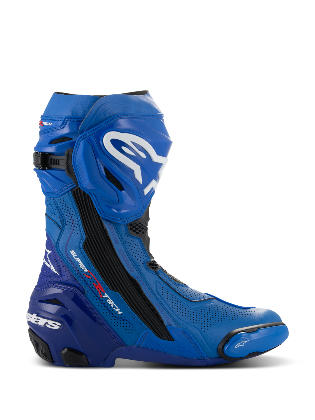 Alpinestars Supertech R Vented laarzen, blauwe en zwarte motorrace-laarzen, zijaanzicht met witte logo's, uitgebreide geperforeerde ventilatiezones, versterkte hiel en vervangbare teenschuiver.