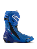 Alpinestars Supertech R Vented laarzen, blauwe en zwarte motorrace-laarzen, zijaanzicht met witte logo's, uitgebreide geperforeerde ventilatiezones, versterkte hiel en vervangbare teenschuiver.