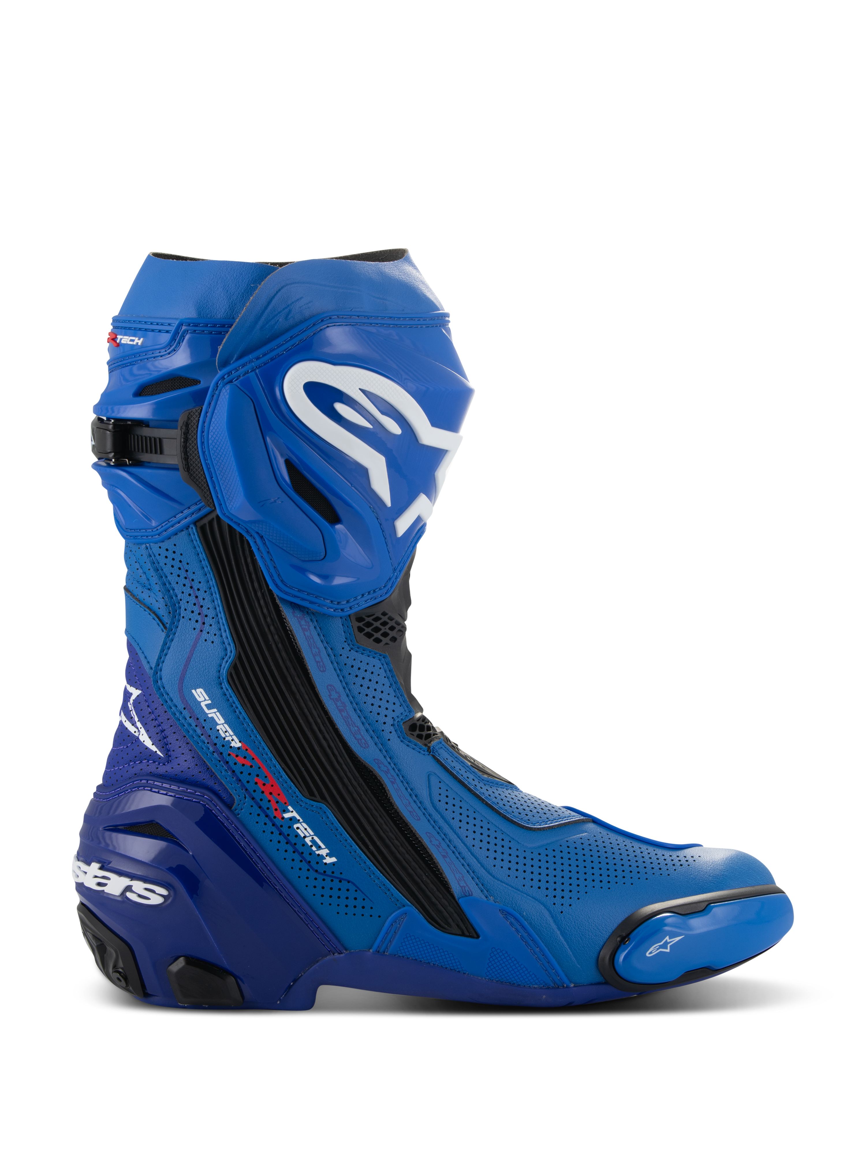 Alpinestars Supertech R Vented laarzen, blauwe en zwarte motorrace-laarzen, zijaanzicht met witte logo's, uitgebreide geperforeerde ventilatiezones, versterkte hiel en vervangbare teenschuiver.