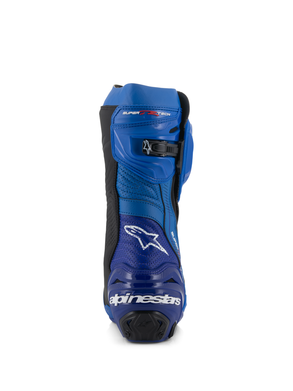 Alpinestars Supertech R Vented laarzen, race-motorlaarzen, blauw en zwart, achteraanzicht met het Alpinestars-logo en tekst op de hiel, geperforeerde microvezelpanelen en een micro-verstelbare ratelsluiting aan de bovenkant.