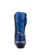 Alpinestars Supertech R Vented laarzen, race-motorlaarzen, blauw en zwart, achteraanzicht met het Alpinestars-logo en tekst op de hiel, geperforeerde microvezelpanelen en een micro-verstelbare ratelsluiting aan de bovenkant.