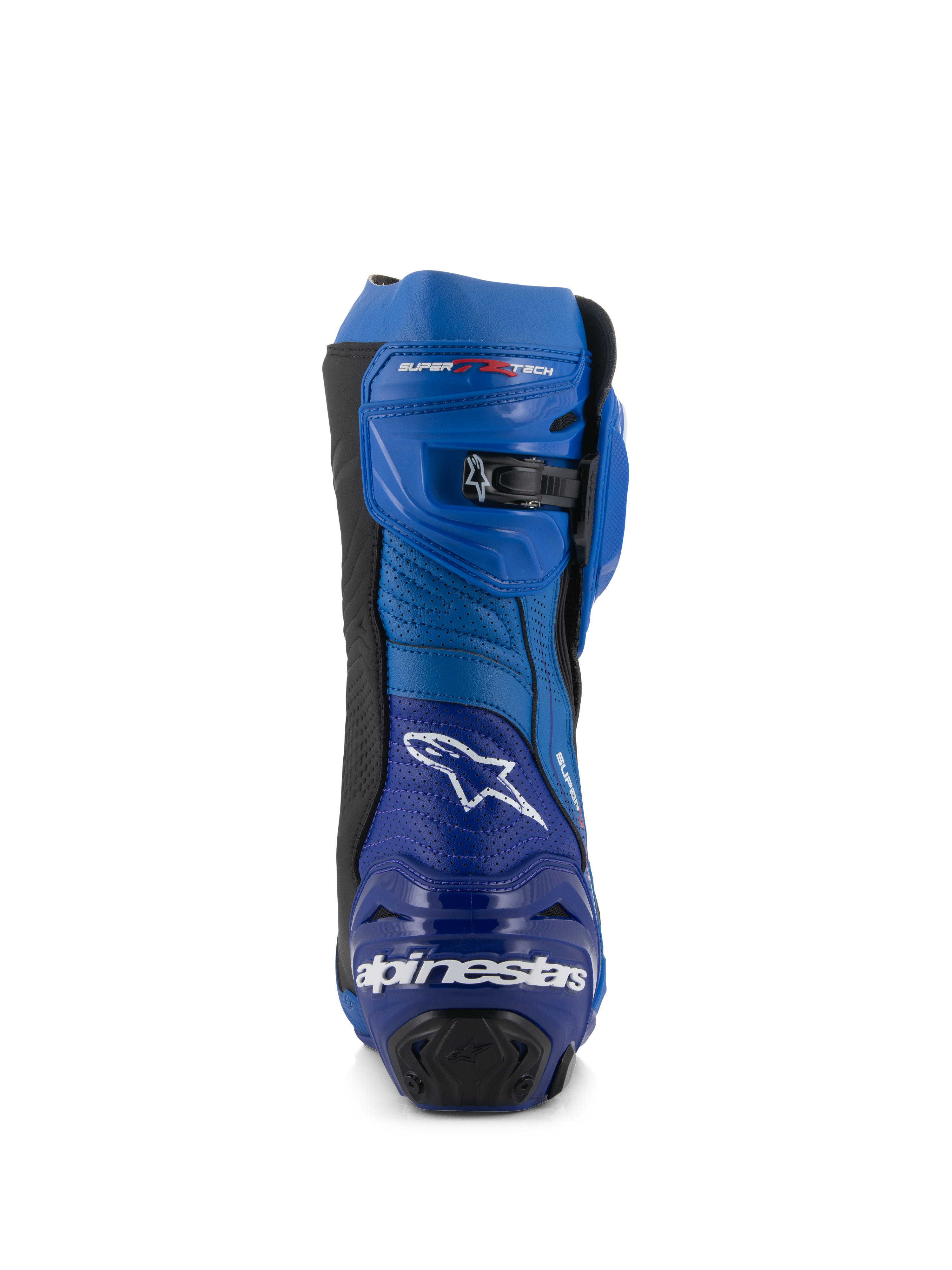 Alpinestars Supertech R Vented laarzen, race-motorlaarzen, blauw en zwart, achteraanzicht met het Alpinestars-logo en tekst op de hiel, geperforeerde microvezelpanelen en een micro-verstelbare ratelsluiting aan de bovenkant.