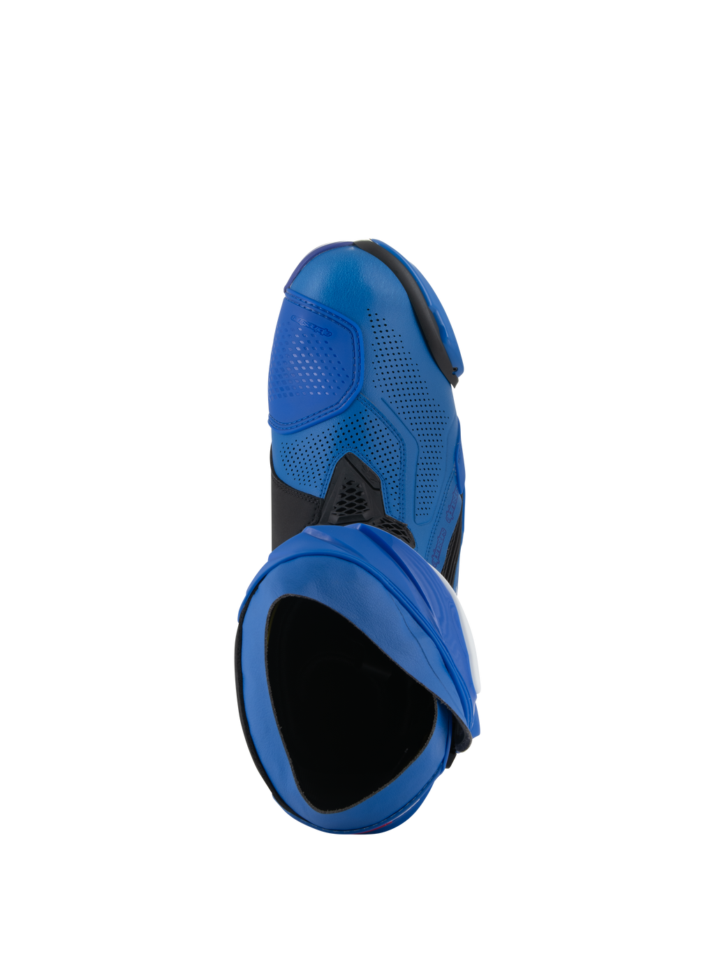 Alpinestars Supertech R Vented laarzen, racemotorlaarzen, blauw en zwart, bovenaanzicht met de instap en het geperforeerde bovenwerk van microvezel, hoogwaardig motorsportschoeisel met geventileerd ontwerp