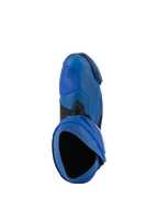 Alpinestars Supertech R Vented laarzen, racemotorlaarzen, blauw en zwart, bovenaanzicht met de instap en het geperforeerde bovenwerk van microvezel, hoogwaardig motorsportschoeisel met geventileerd ontwerp