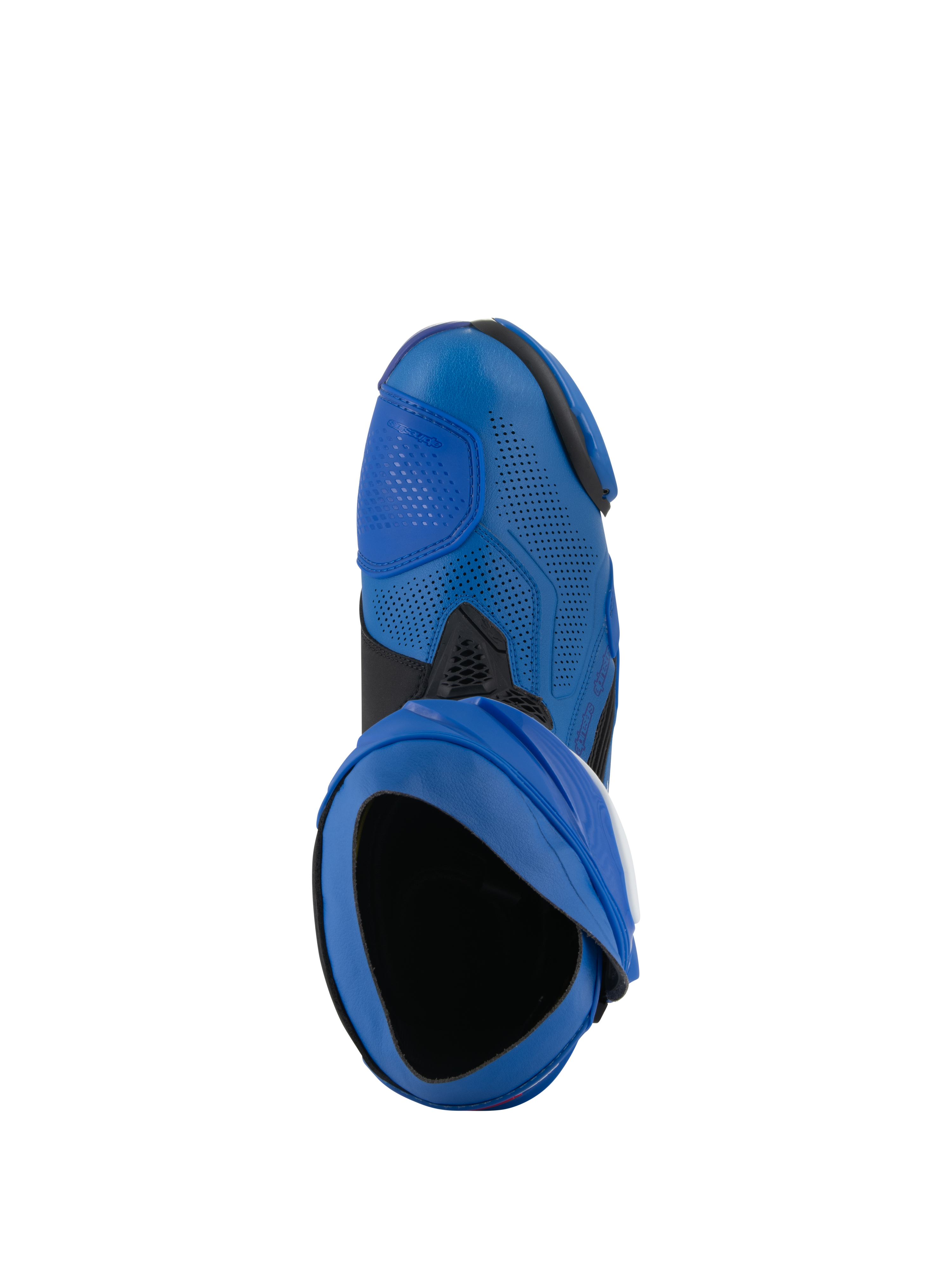 Alpinestars Supertech R Vented laarzen, racemotorlaarzen, blauw en zwart, bovenaanzicht met de instap en het geperforeerde bovenwerk van microvezel, hoogwaardig motorsportschoeisel met geventileerd ontwerp