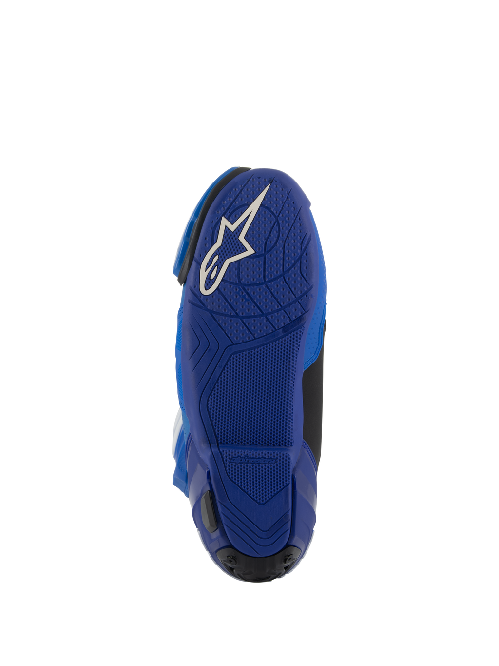 Alpinestars Supertech R Vented laarzen, blauw en zwart, onderaanzicht van de blauwe rubberen zool met wit Astars-logo, voorzien van getextureerde grippatronen voor controle op de voetsteunen, hoogwaardig motorschoeisel voor racing