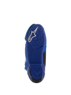 Alpinestars Supertech R Vented laarzen, blauw en zwart, onderaanzicht van de blauwe rubberen zool met wit Astars-logo, voorzien van getextureerde grippatronen voor controle op de voetsteunen, hoogwaardig motorschoeisel voor racing