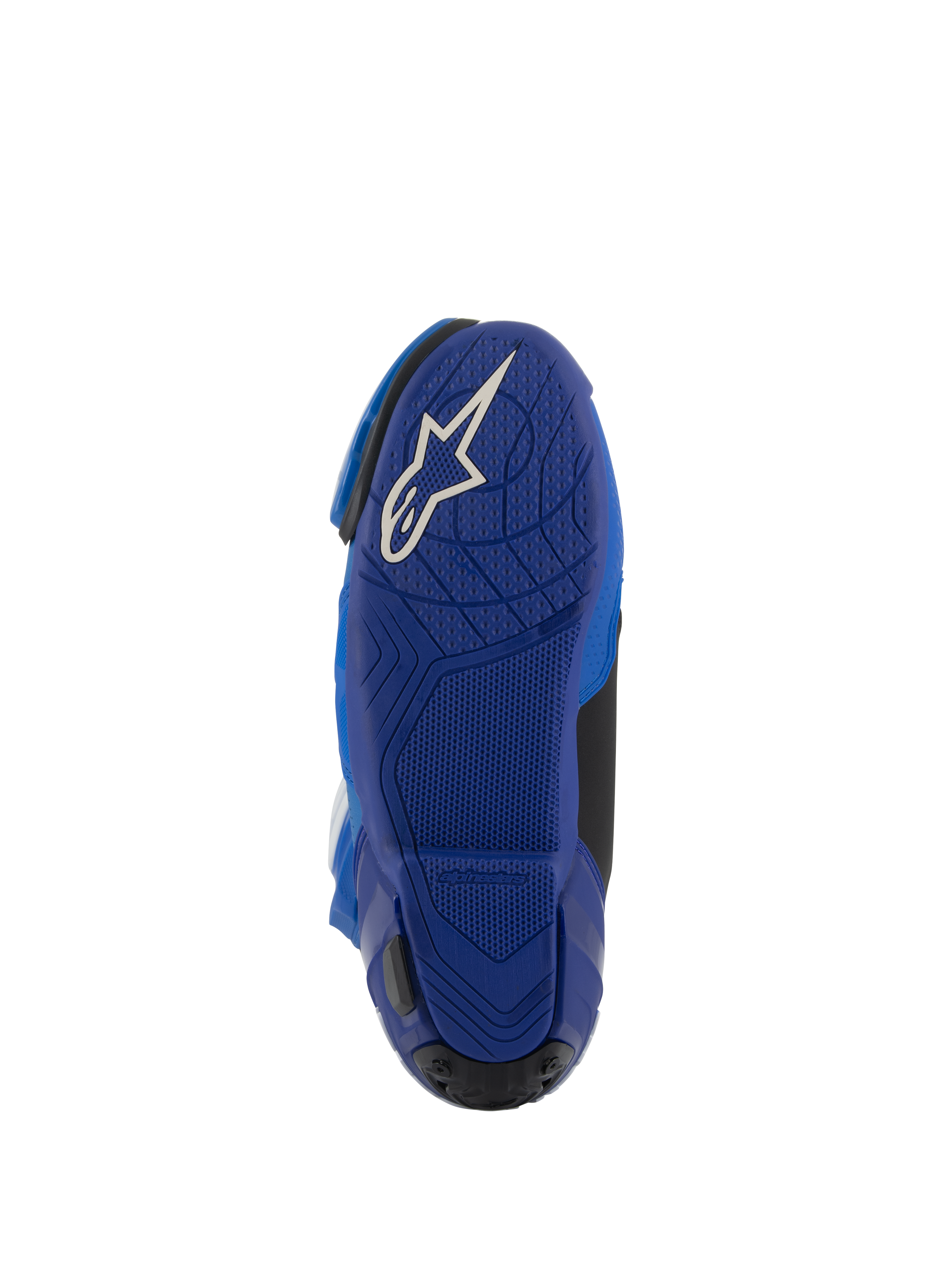 Alpinestars Supertech R Vented laarzen, blauw en zwart, onderaanzicht van de blauwe rubberen zool met wit Astars-logo, voorzien van getextureerde grippatronen voor controle op de voetsteunen, hoogwaardig motorschoeisel voor racing