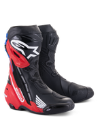 Alpinestars Honda Supertech R Boots, Motorcycle Racing Boots, Black Bright Red and Blue, featuring TPU shin guards, Honda branding, and advanced aerodynamic design for track and road performance.