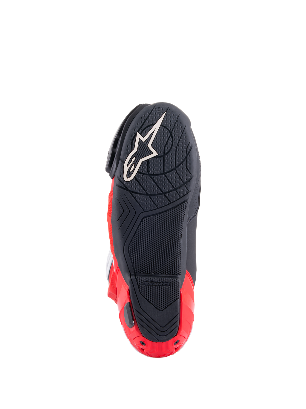 Alpinestars Honda Supertech R Boots, Sole View, Black and Bright Red, featuring a textured rubber compound for grip, white Astar logo on the forefoot, and red heel plate slider, high-performance racing motorcycle footwear.
