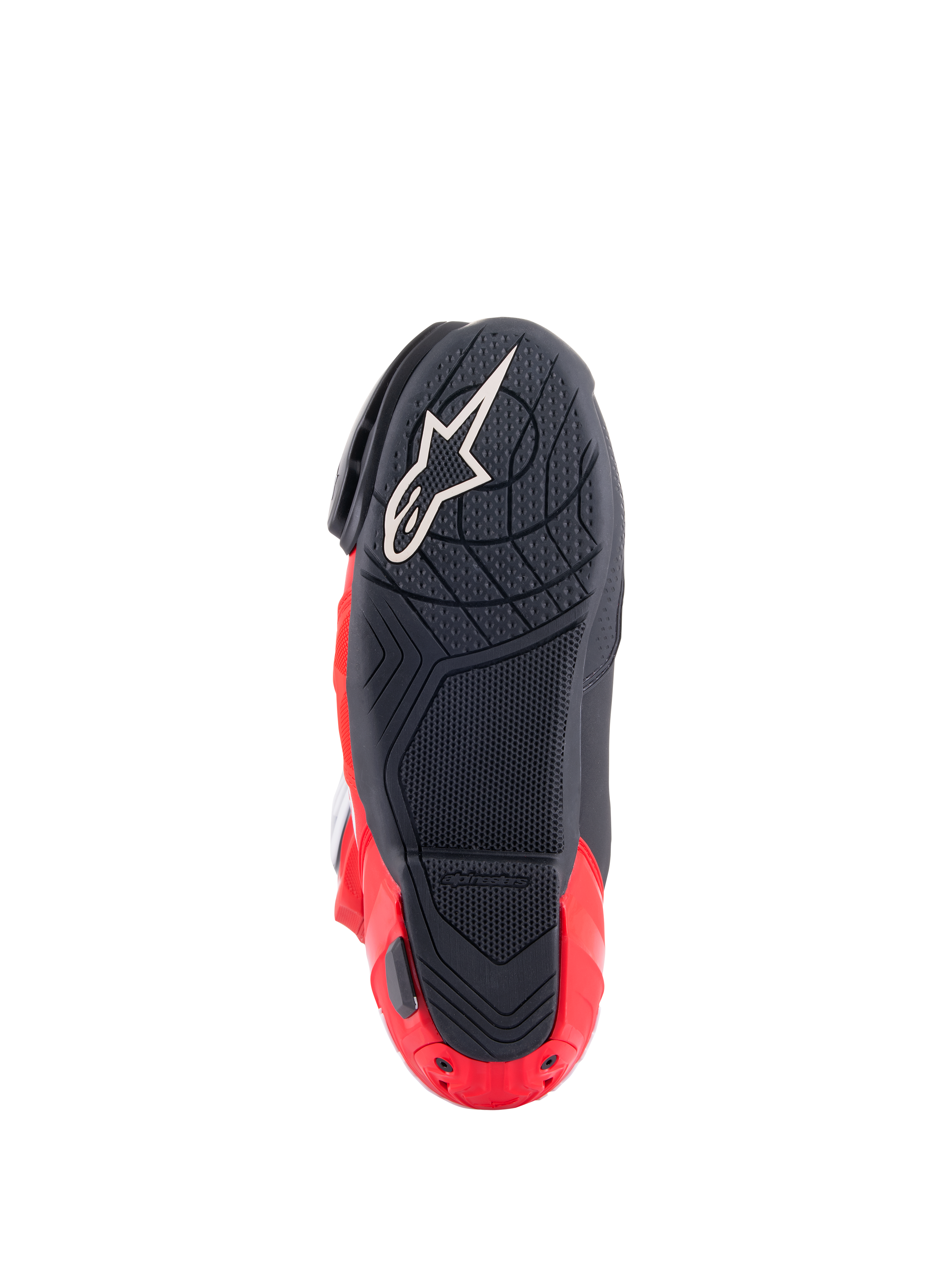 Alpinestars Honda Supertech R Boots, Sole View, Black and Bright Red, featuring a textured rubber compound for grip, white Astar logo on the forefoot, and red heel plate slider, high-performance racing motorcycle footwear.