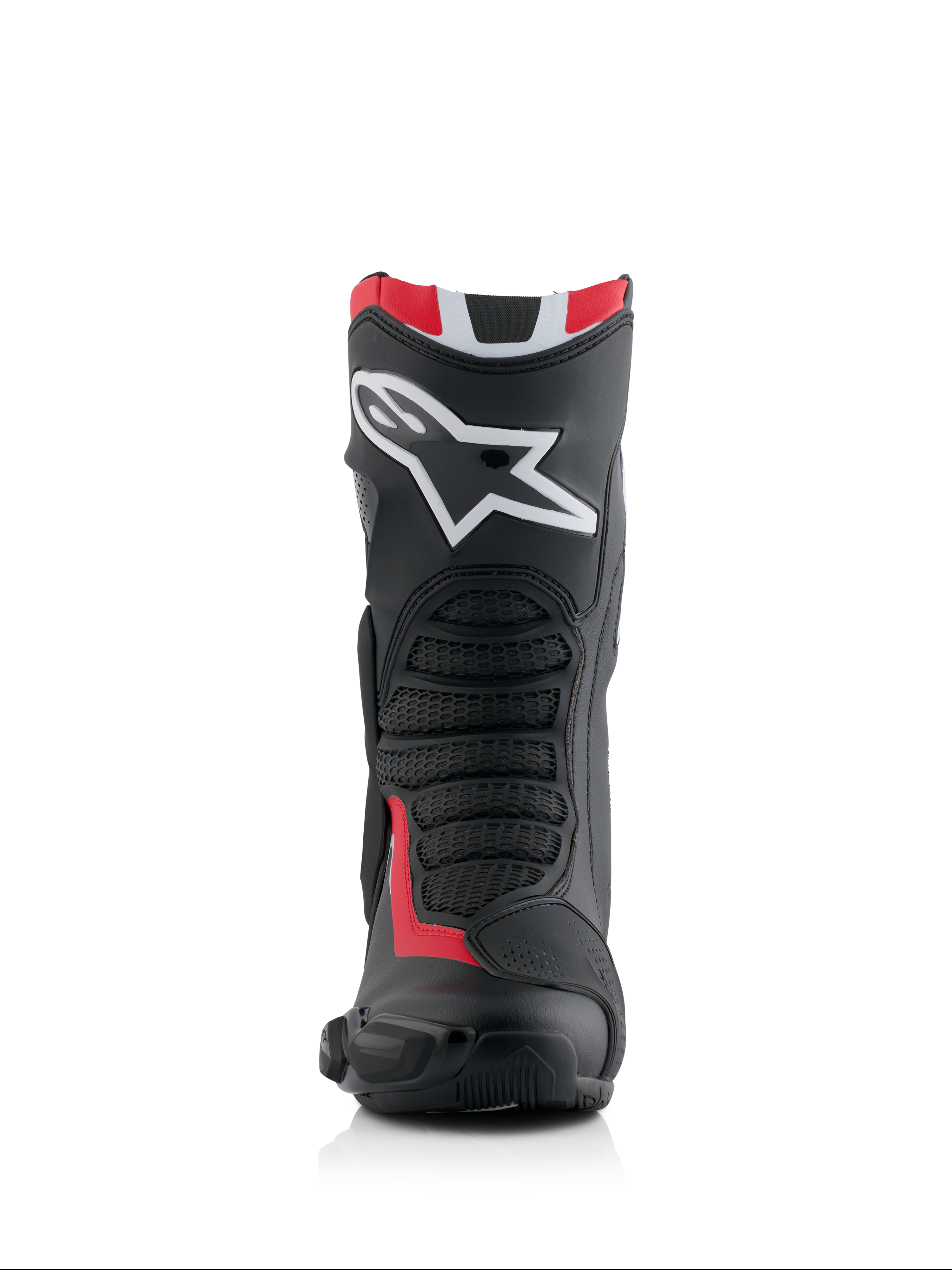 Alpinestars Honda SMX-6 V3 laarzen, prestatiegerichte motorlaarzen, zwart, felrood en wit, vooraanzicht met groot wit Alpinestars-logo op de scheenbeschermer, gestructureerde mesh flex-zones en aerodynamisch beschermend profiel