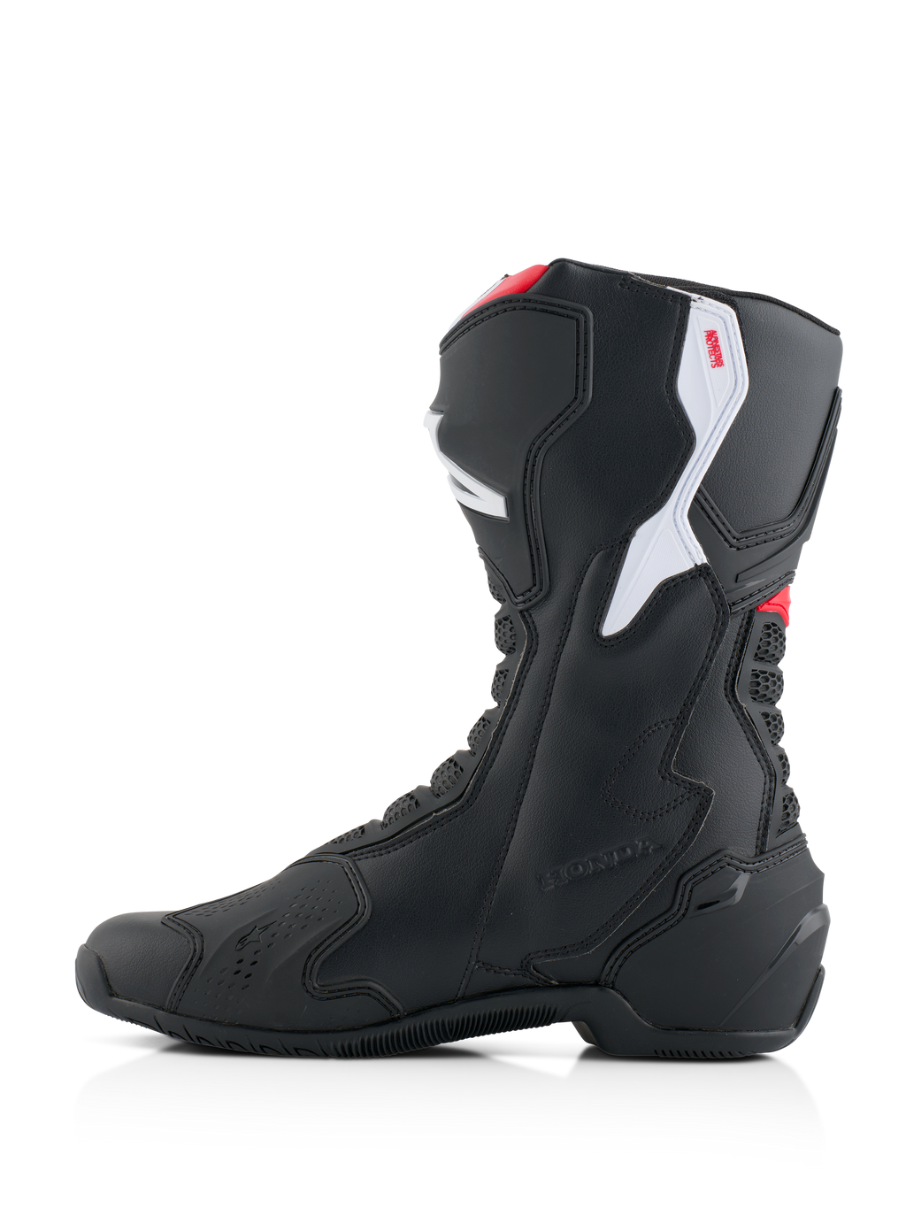 Alpinestars Honda SMX-6 V3 laarzen, performance motorlaarzen, zwart met felrode en witte accenten, binnenzijde profiel, voorzien van een duurzame microvezelconstructie, TPU-beschermpanelen en Honda-branding in reliëf