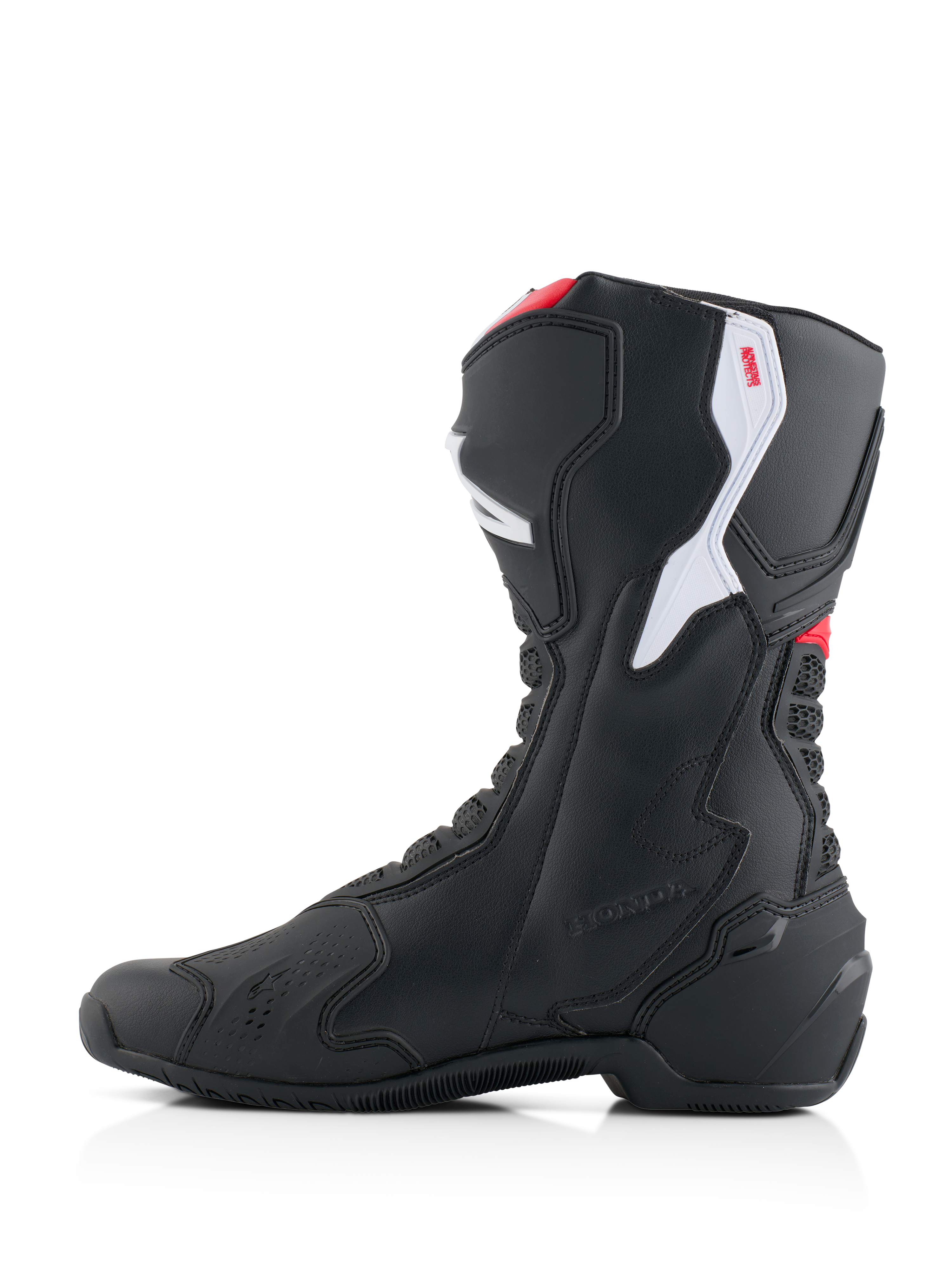 Alpinestars Honda SMX-6 V3 laarzen, performance motorlaarzen, zwart met felrode en witte accenten, binnenzijde profiel, voorzien van een duurzame microvezelconstructie, TPU-beschermpanelen en Honda-branding in reliëf