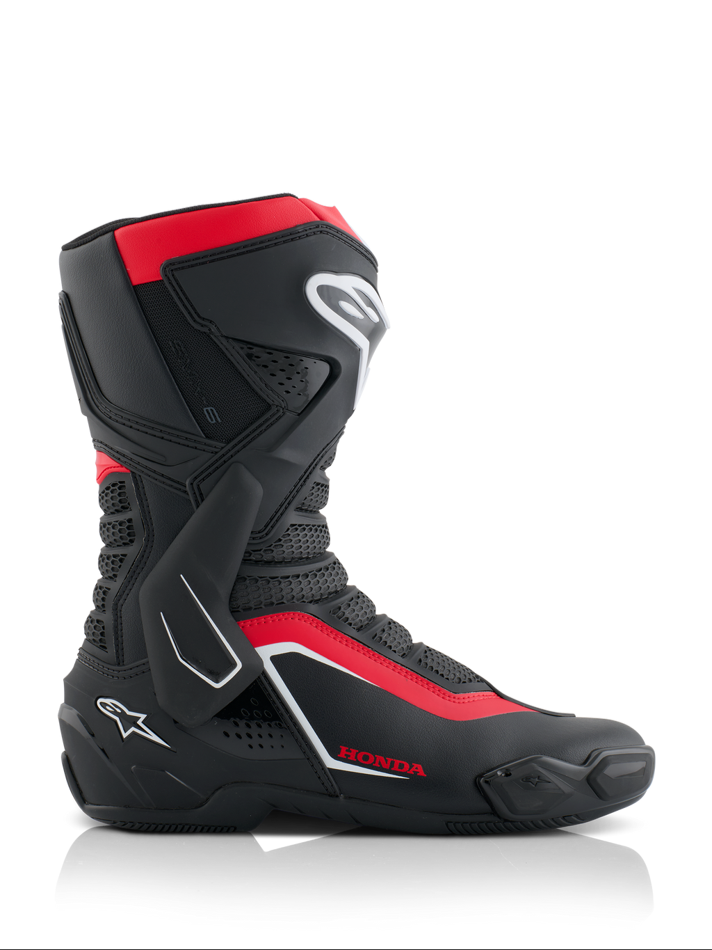 Alpinestars Honda SMX-6 V3 Laarzen, performance rijlaarzen, zwart, felrood en wit, zijaanzicht met microvezelconstructie, TPU-bescherming, laterale enkelbrace en Honda-branding, professionele motorrace- en weguitrusting