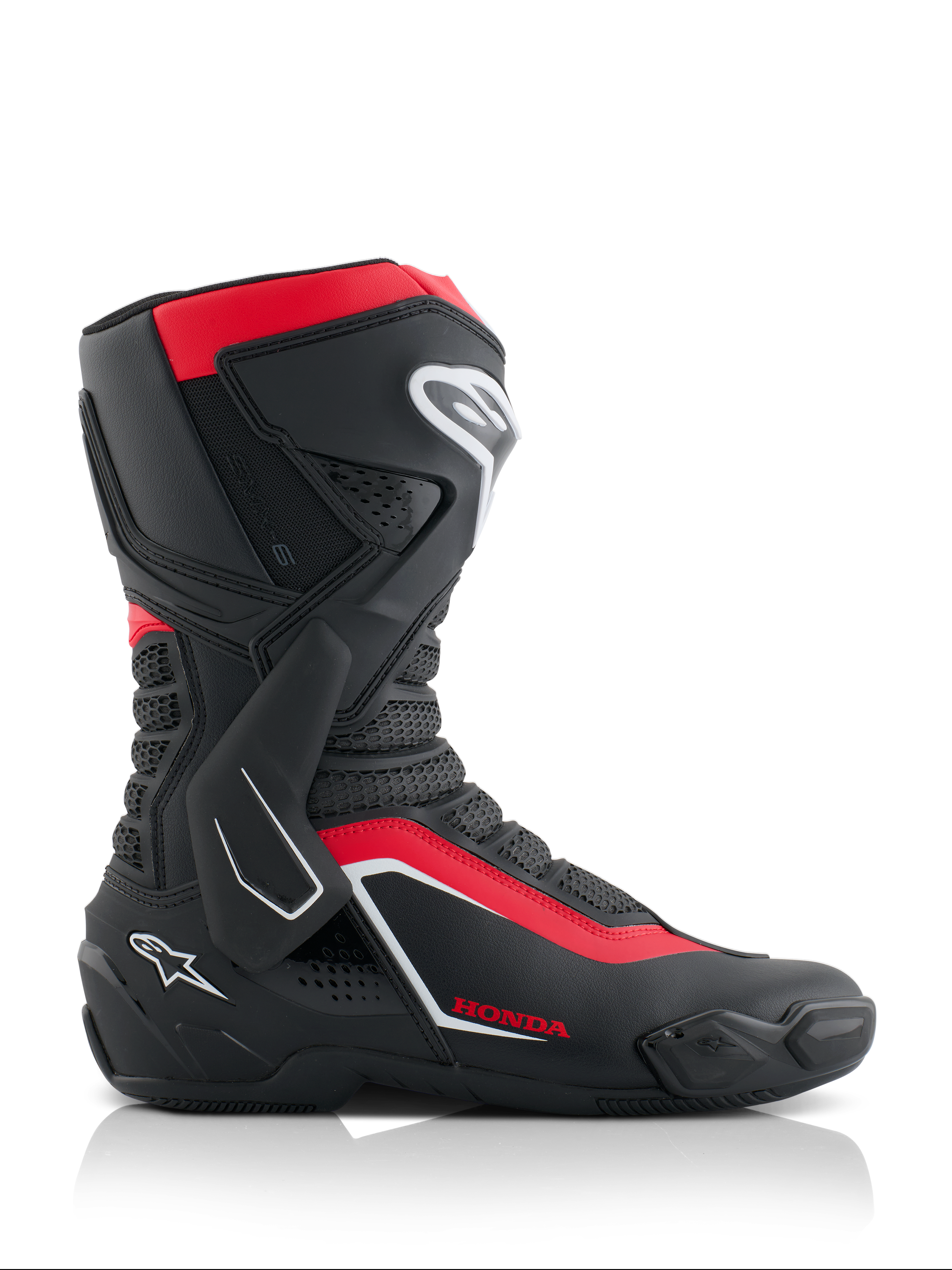 Alpinestars Honda SMX-6 V3 Laarzen, performance rijlaarzen, zwart, felrood en wit, zijaanzicht met microvezelconstructie, TPU-bescherming, laterale enkelbrace en Honda-branding, professionele motorrace- en weguitrusting