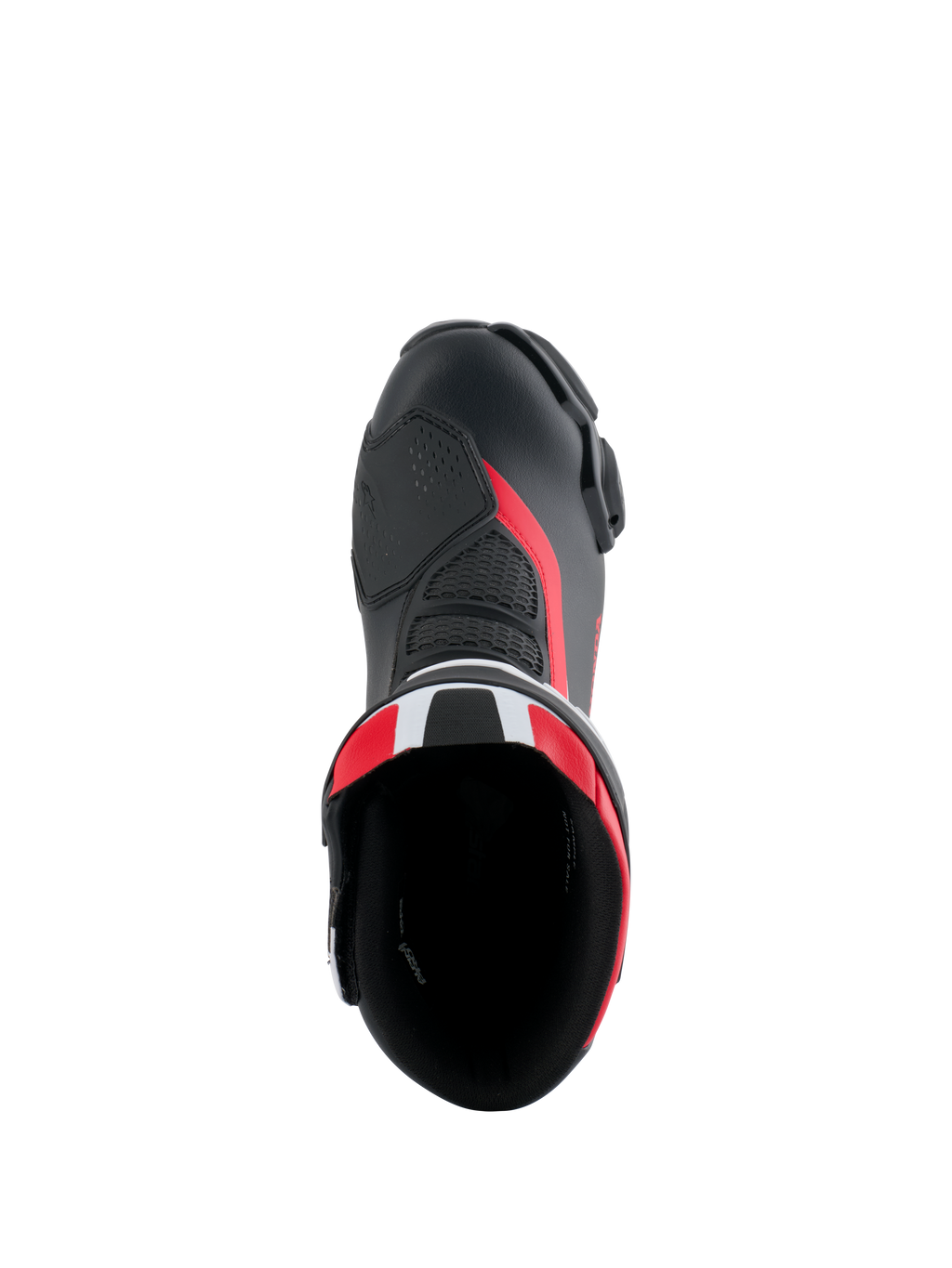 Alpinestars Honda SMX-6 V3 laarzen, performance motorlaarzen, zwart, felrood en wit, bovenaanzicht met zicht in de opening van de laars, voorzien van een microvezel bovenwerk met mesh-details en rode accenten, strak aerodynamisch ontwerp voor op het circuit en de straat