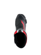 Alpinestars Honda SMX-6 V3 laarzen, performance motorlaarzen, zwart, felrood en wit, bovenaanzicht met zicht in de opening van de laars, voorzien van een microvezel bovenwerk met mesh-details en rode accenten, strak aerodynamisch ontwerp voor op het circuit en de straat