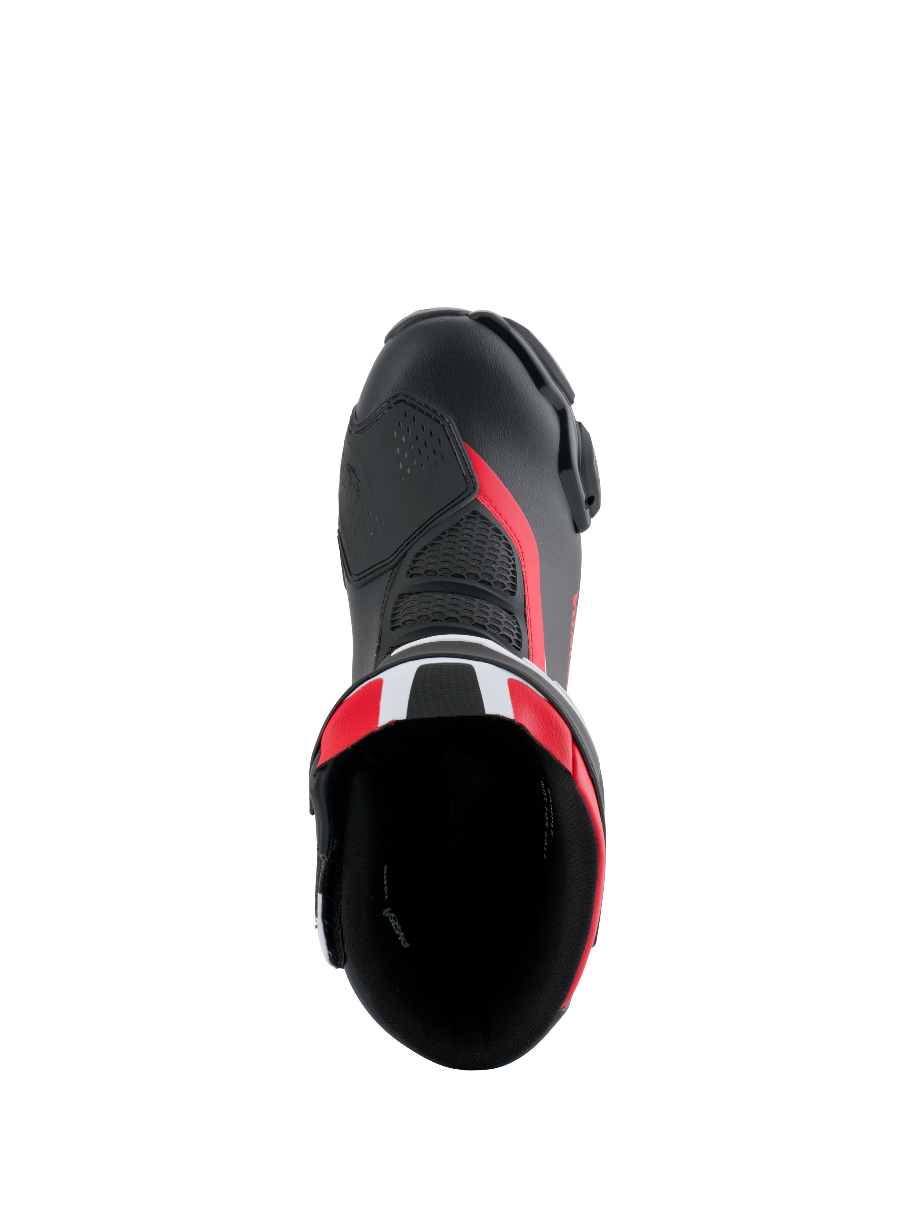 Alpinestars Honda SMX-6 V3 laarzen, performance motorlaarzen, zwart, felrood en wit, bovenaanzicht met zicht in de opening van de laars, voorzien van een microvezel bovenwerk met mesh-details en rode accenten, strak aerodynamisch ontwerp voor op het circuit en de straat