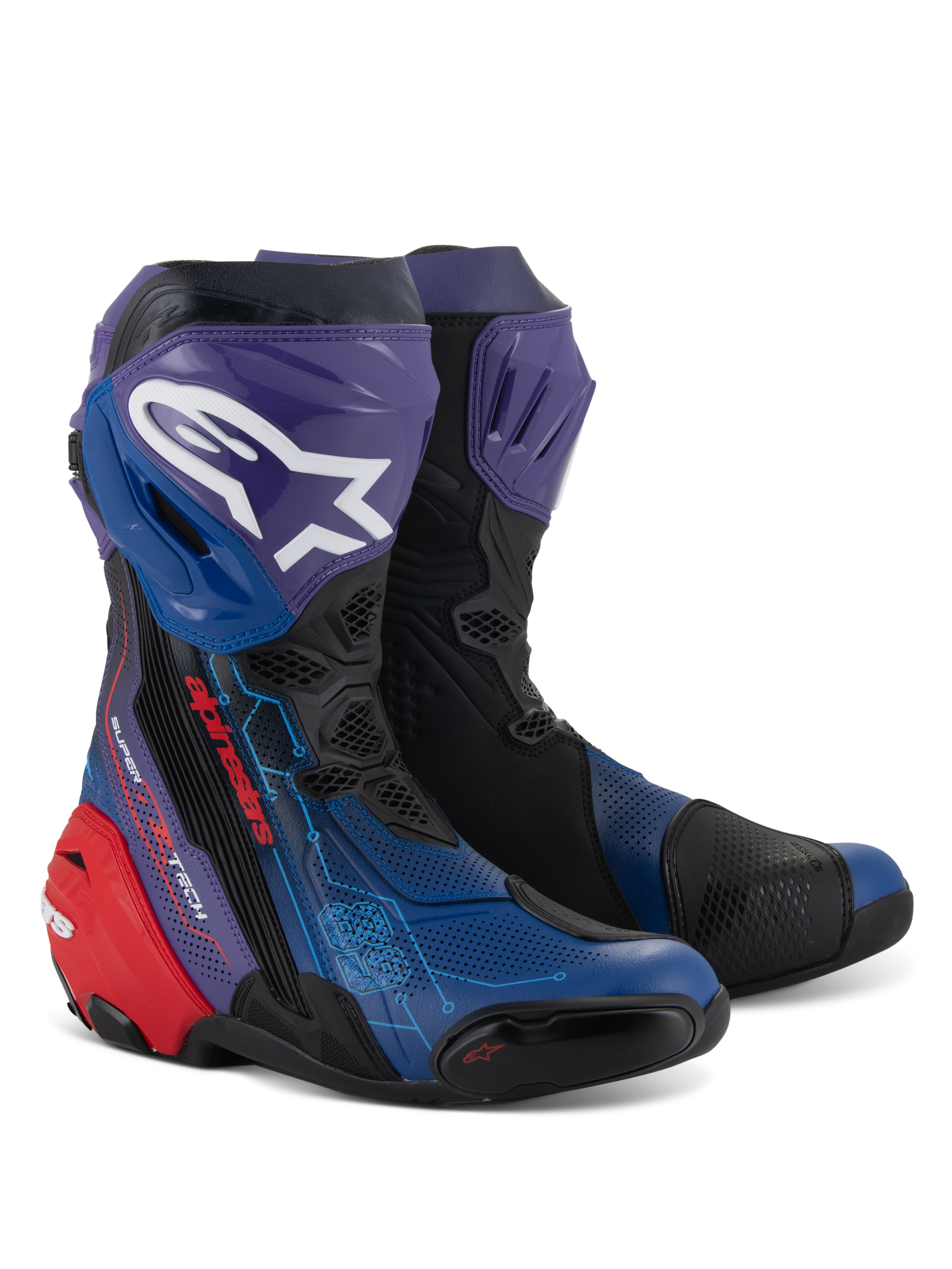 Alpinestars Supertech R LE Martinator R01 Vented laarzen, race-motorlaarzen, blauw, paars, rood en zwart, met uitgebreide perforaties voor luchtstroom, wit Astars-logo op een paarse scheenbeschermer, rode hielbeschermer en technisch race-ontwerp.